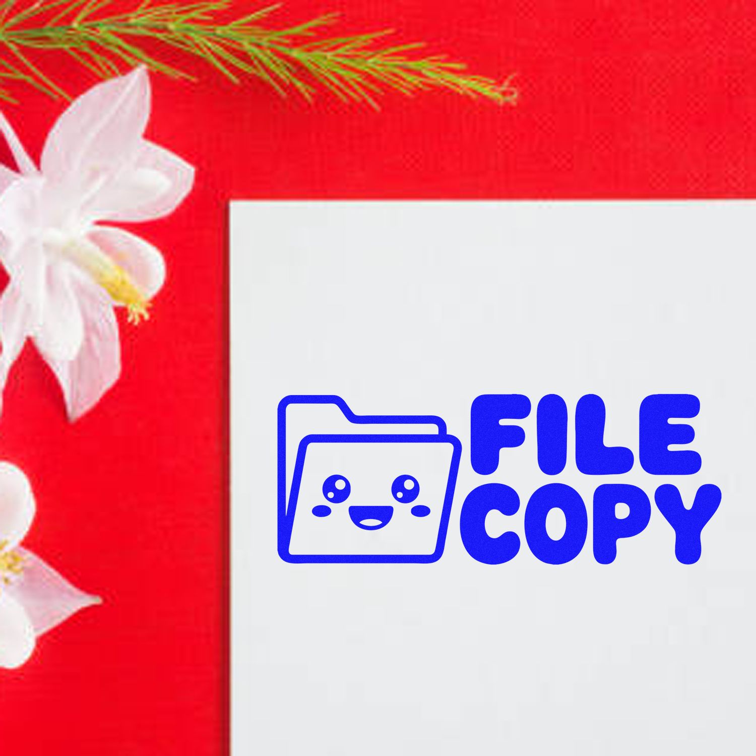 Blue file copy rubber stamp design with folder icon for office document duplication and record keeping.