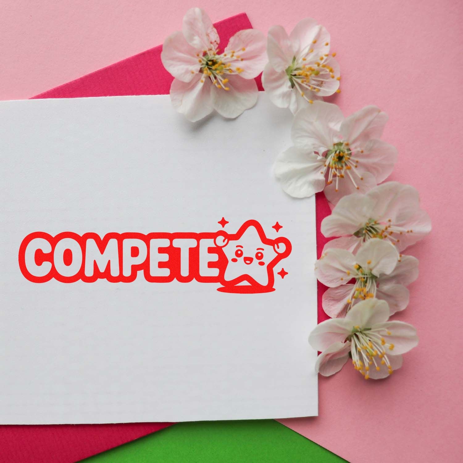 Compete rubber stamp design in bold red with star mascot, perfect for promotional or motivational custom stamping.