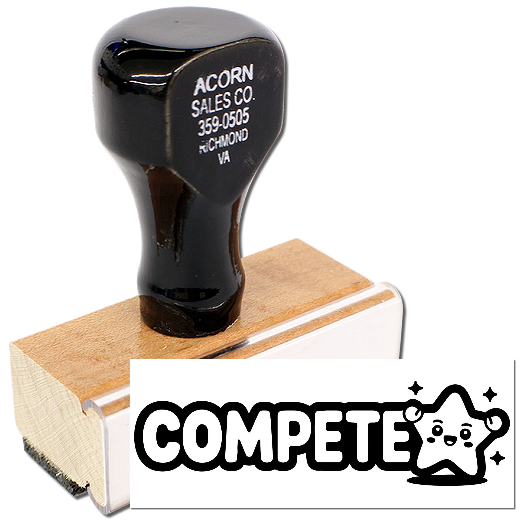 Custom wooden rubber stamp with COMPETE logo for branding, packaging, crafts, and promotional marking.