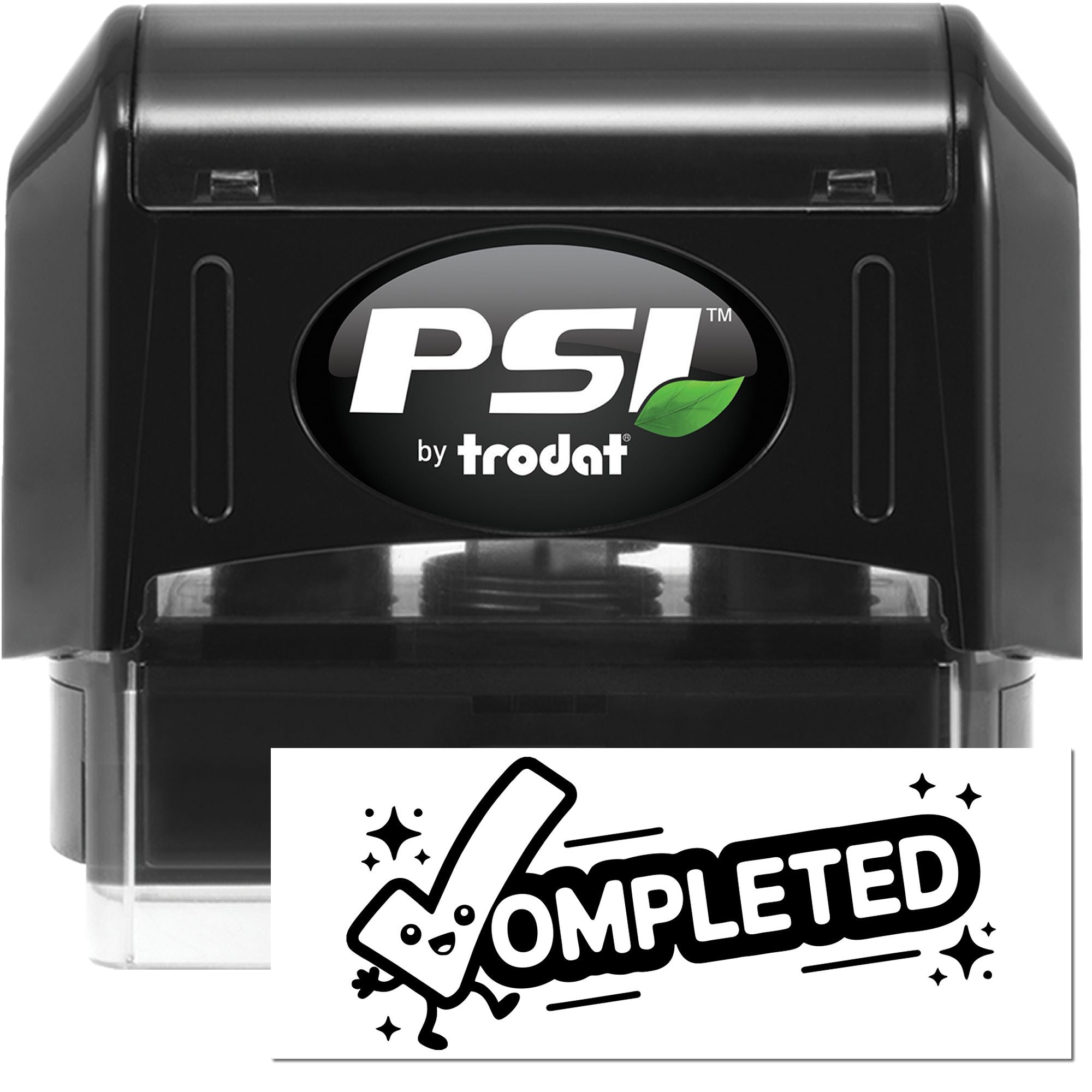 PSI by Trodat self-inking rubber stamp with Completed imprint for office paperwork approval and document processing.