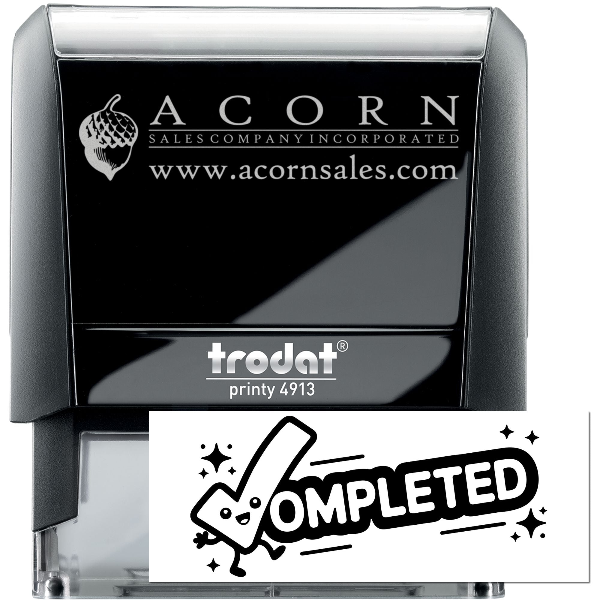 Custom Trodat Printy 4913 self-inking rubber stamp with Acorn Sales Company logo and website, showing completed imprint.
