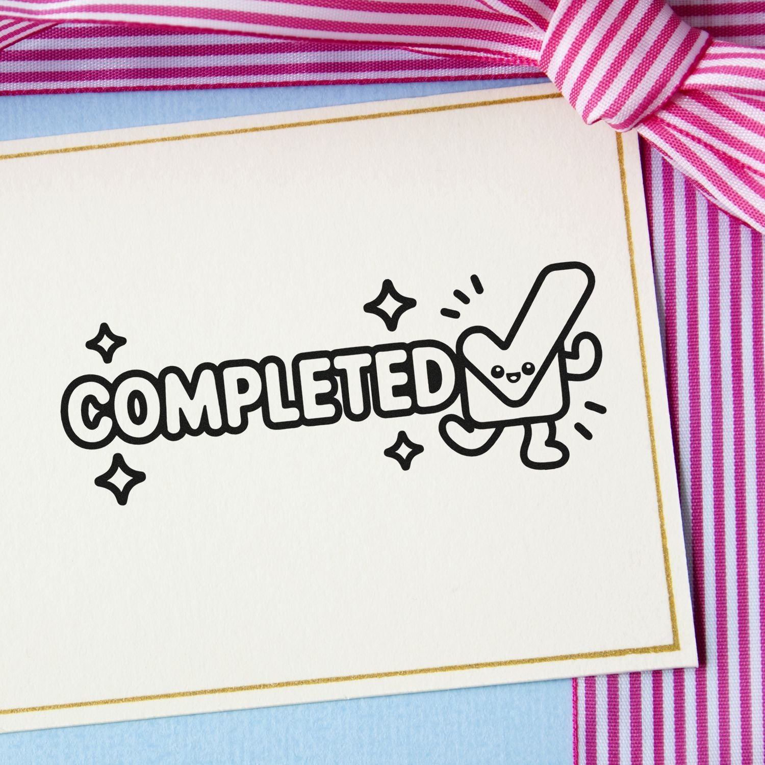Completed rubber stamp design on decorative card, ideal for finished orders, office approvals, and craft labeling.