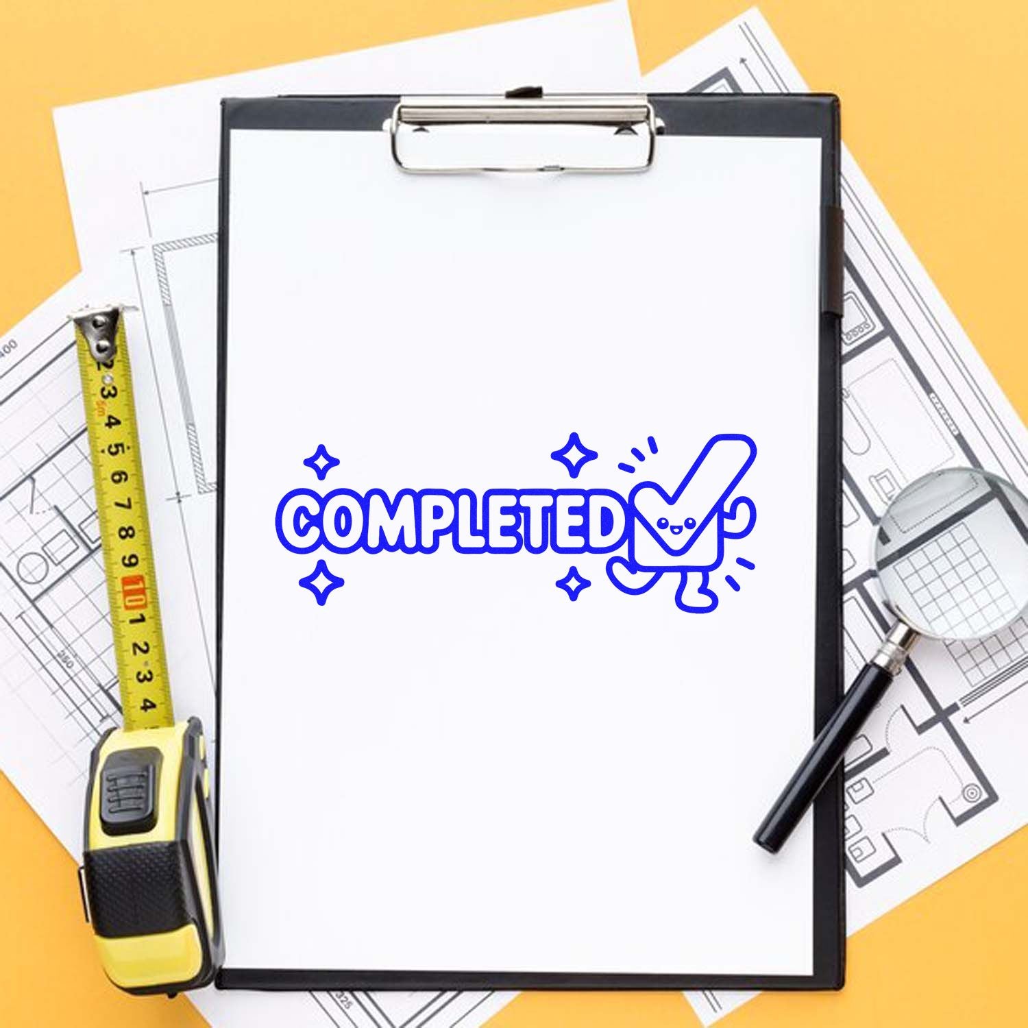 Completed rubber stamp on clipboard with blueprint plans, measuring tape, and pencil for construction project approval.