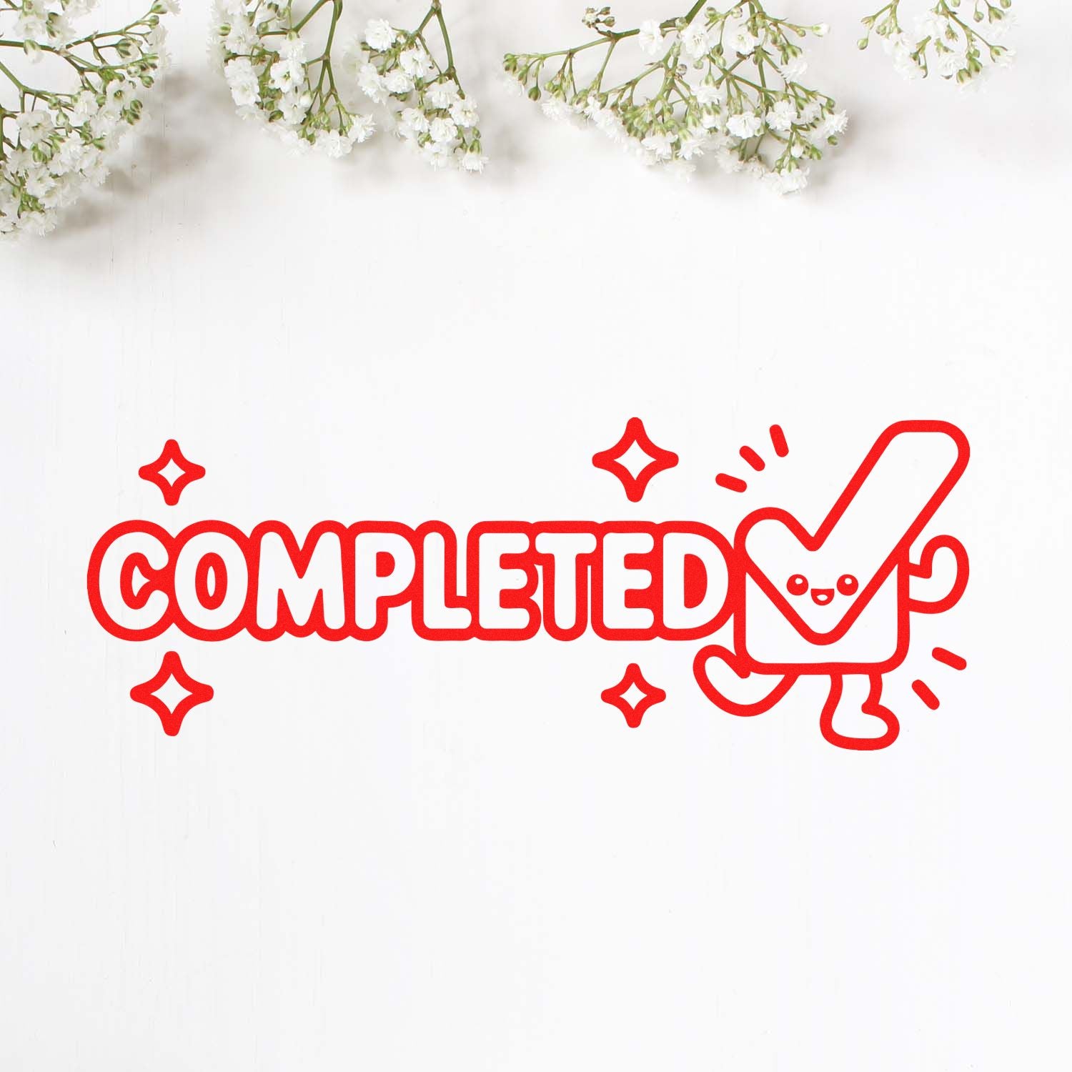 Completed rubber stamp design with cute checkmark icon, ideal for finished tasks, approvals, and planner use.