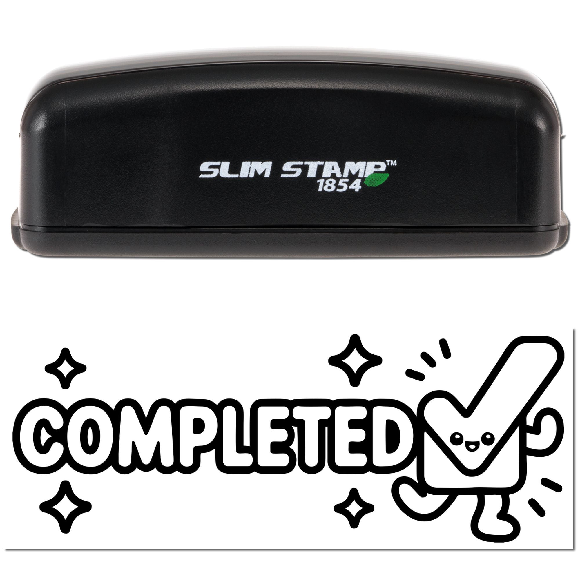 Slim Stamp 1854 self-inking rubber stamp with Completed imprint and checkmark icon for office approval.