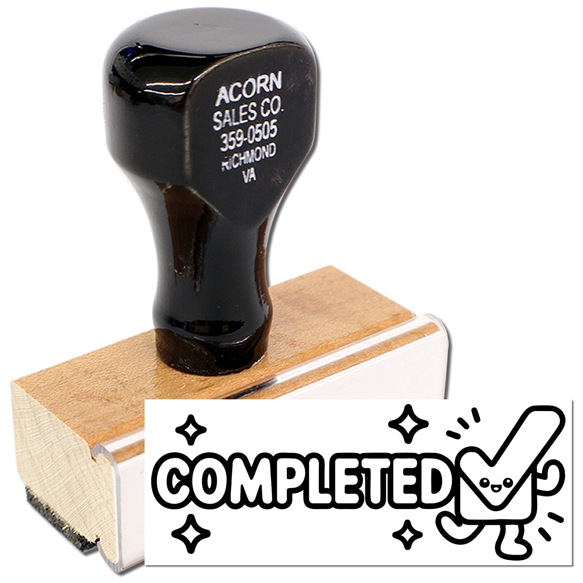 Wooden rubber stamp with Completed checkmark design for office approvals, paperwork, and business branding.