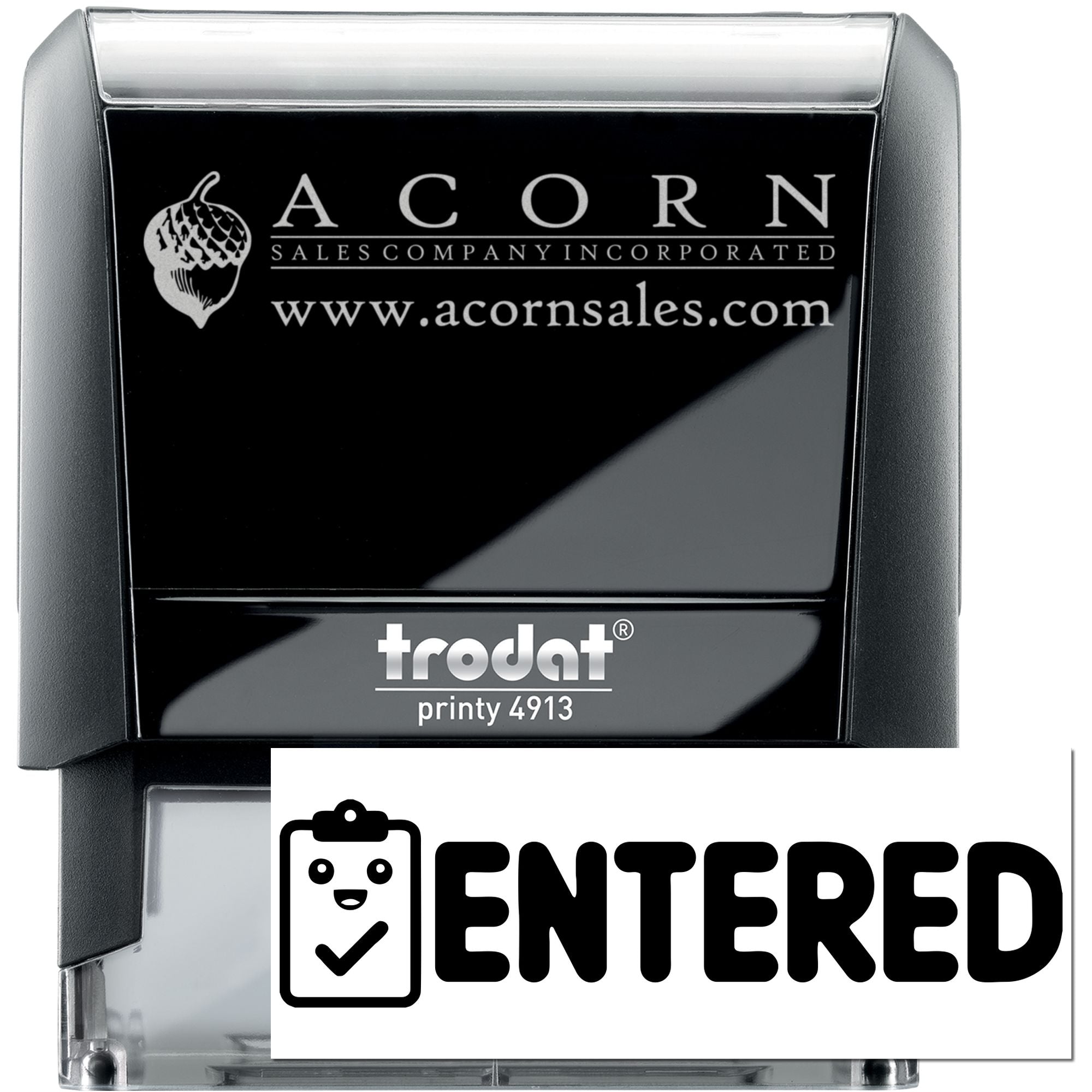 Custom self-inking rubber stamp with Acorn Sales Company logo, website, and Entered imprint, Trodat Printy 4913.