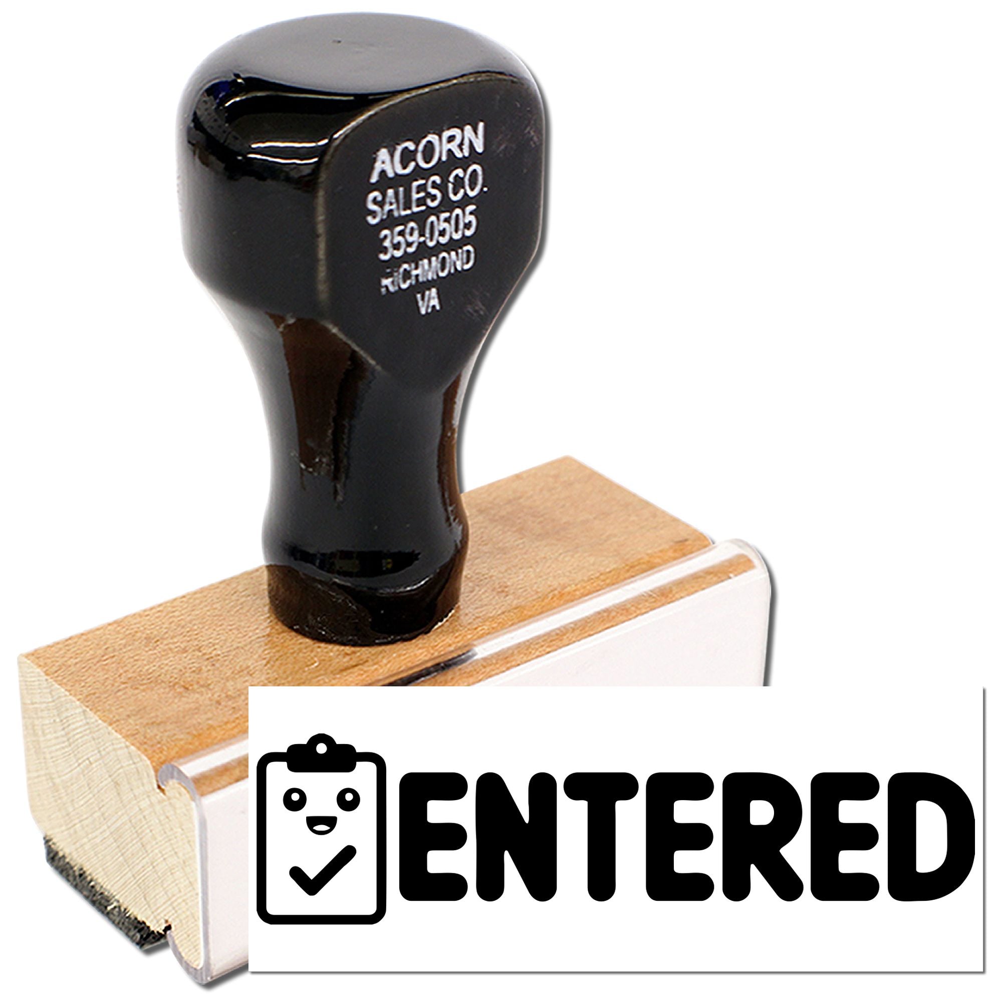 Custom rubber stamp with ENTERED imprint for office paperwork, approvals, and document processing.