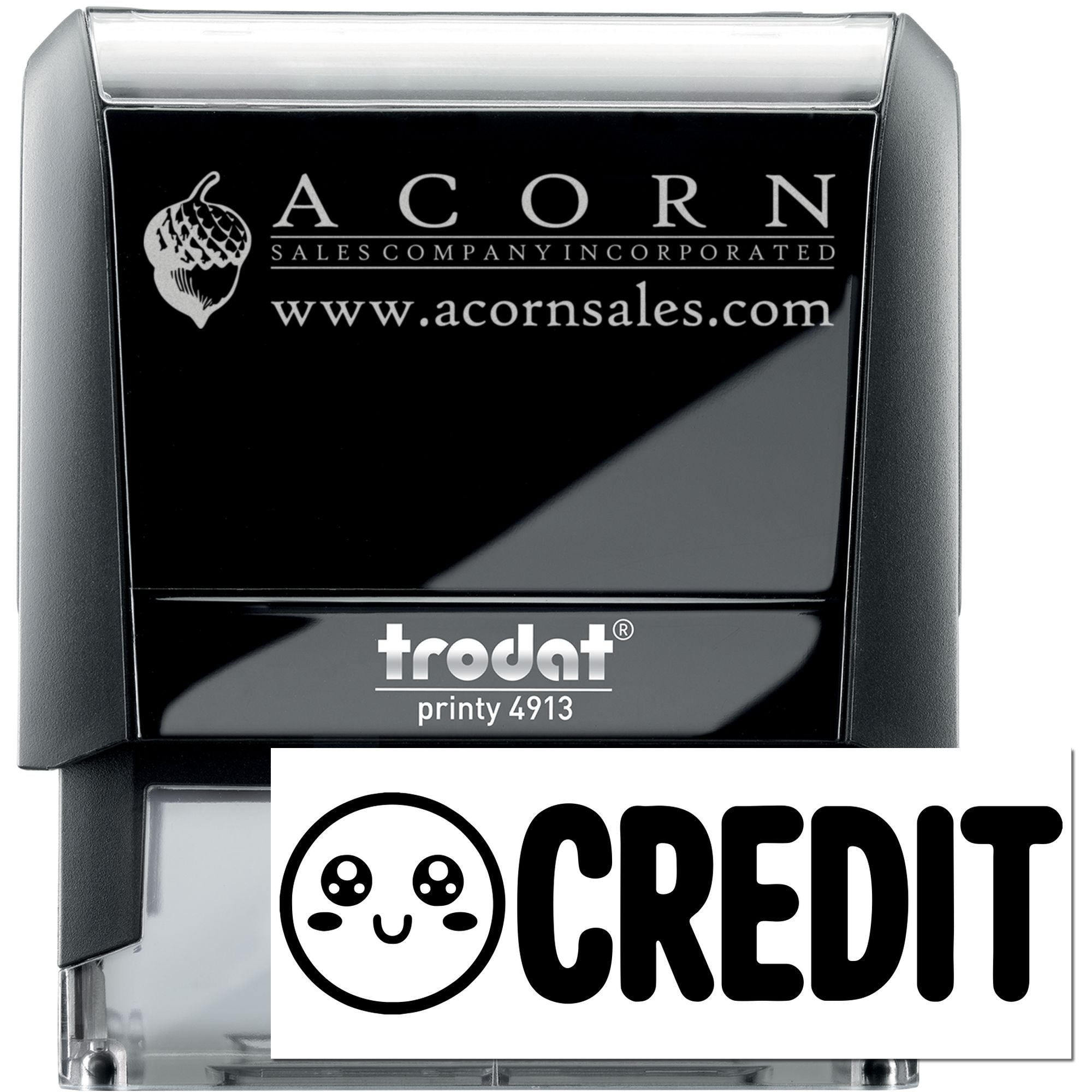Custom Trodat Printy 4913 self-inking rubber stamp with Acorn Sales Company logo, website, and credit approval imprint.