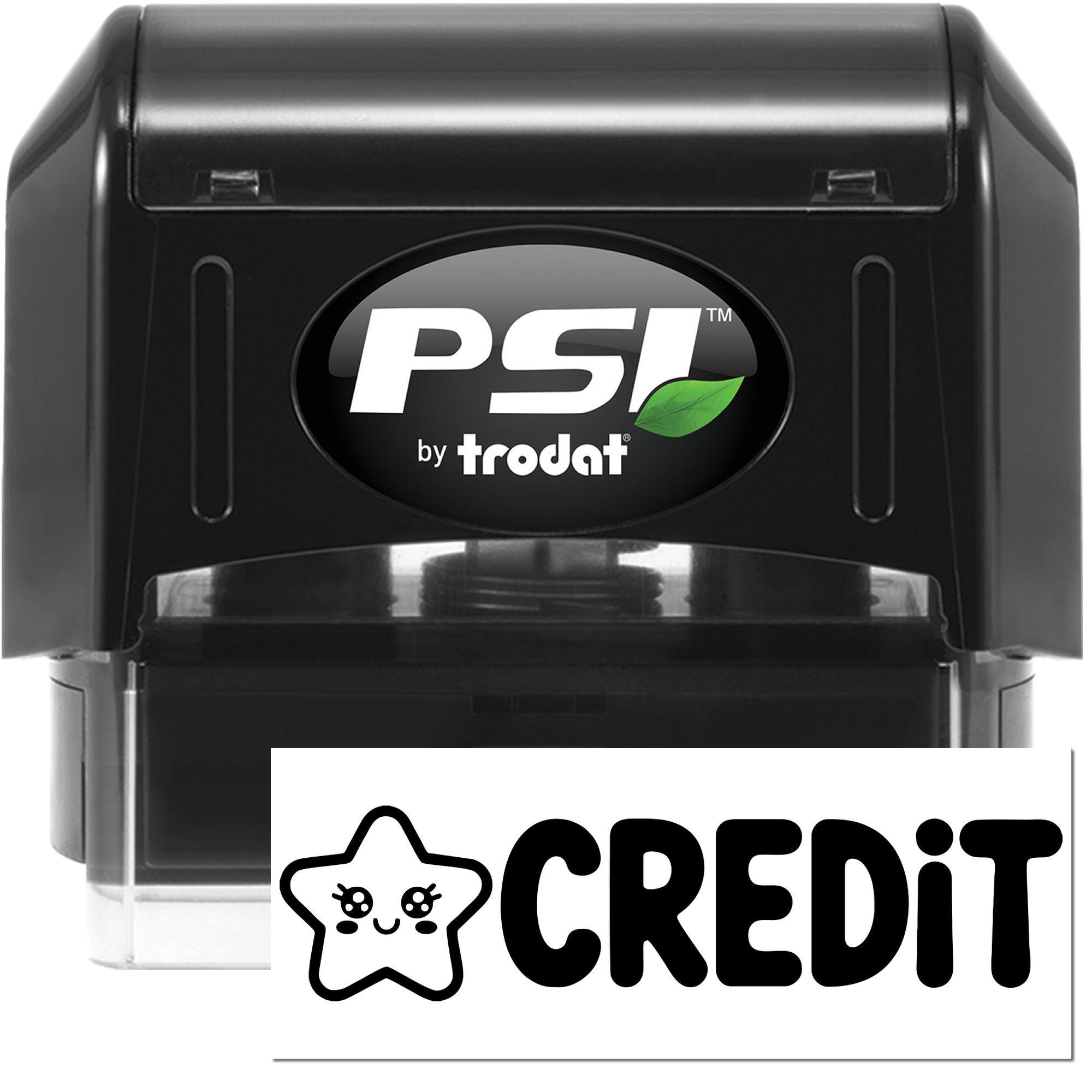 PSI by Trodat self-inking rubber stamp with custom logo imprint, ideal for business branding and quick credit stamp use