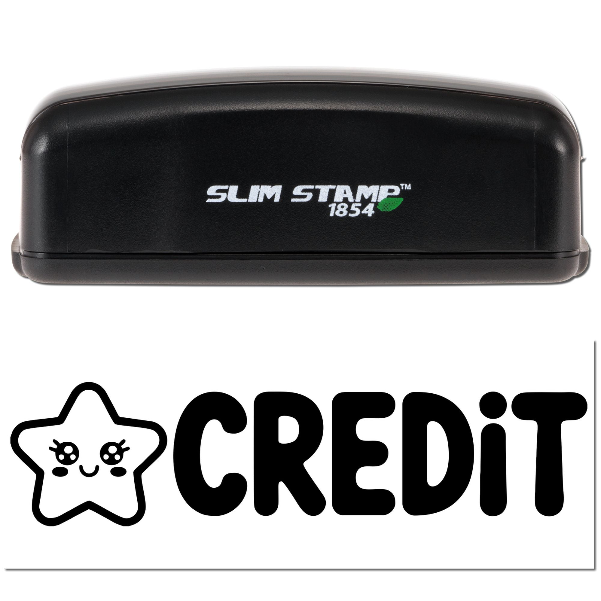 Slim Stamp 1854 black rubber stamp with Credit logo, compact self-inking business stamp for office use.