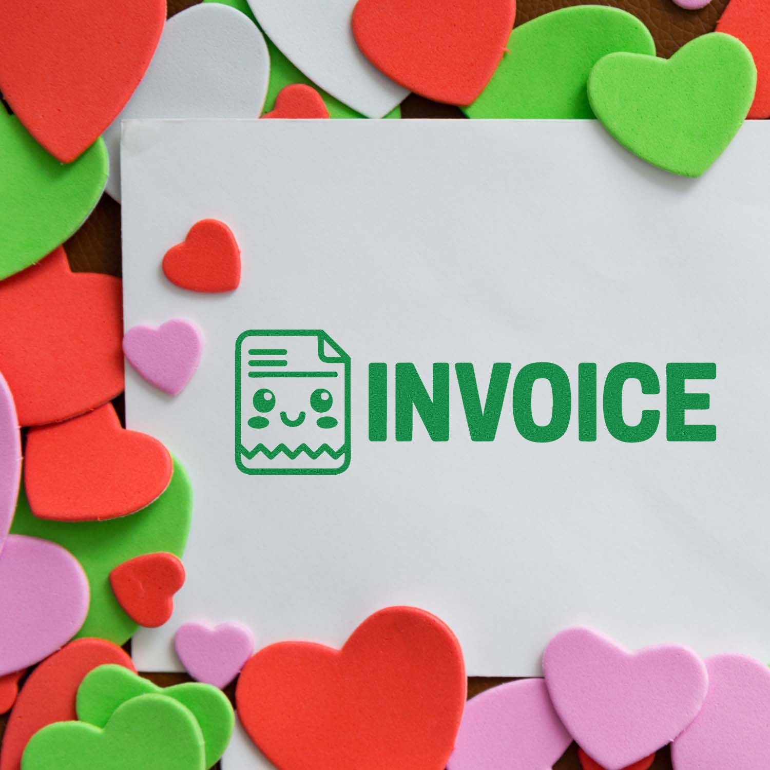 Invoice rubber stamp graphic surrounded by colorful hearts, ideal for billing, accounting, and craft projects