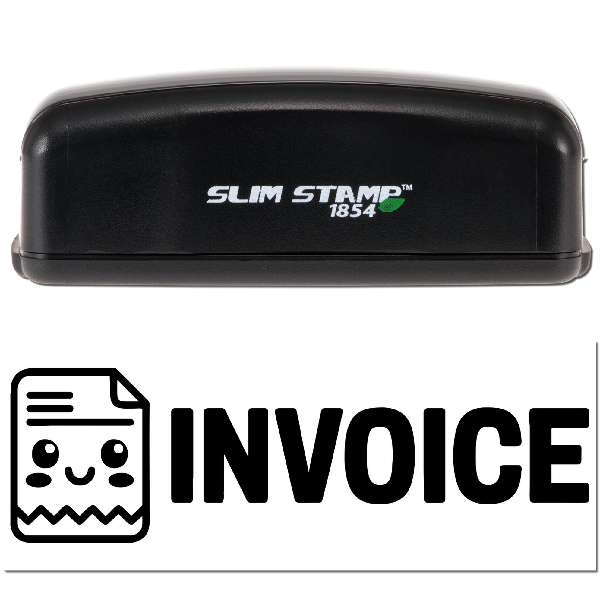 Slim Stamp 1854 self-inking rubber stamp with invoice icon for marking bills, receipts, and office paperwork.