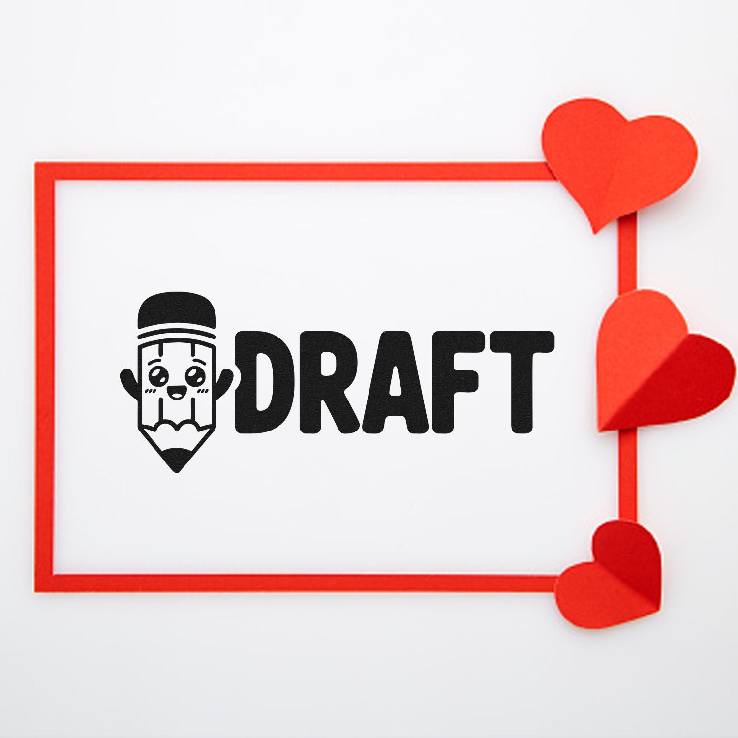 Draft rubber stamp design with pencil mascot and red heart border