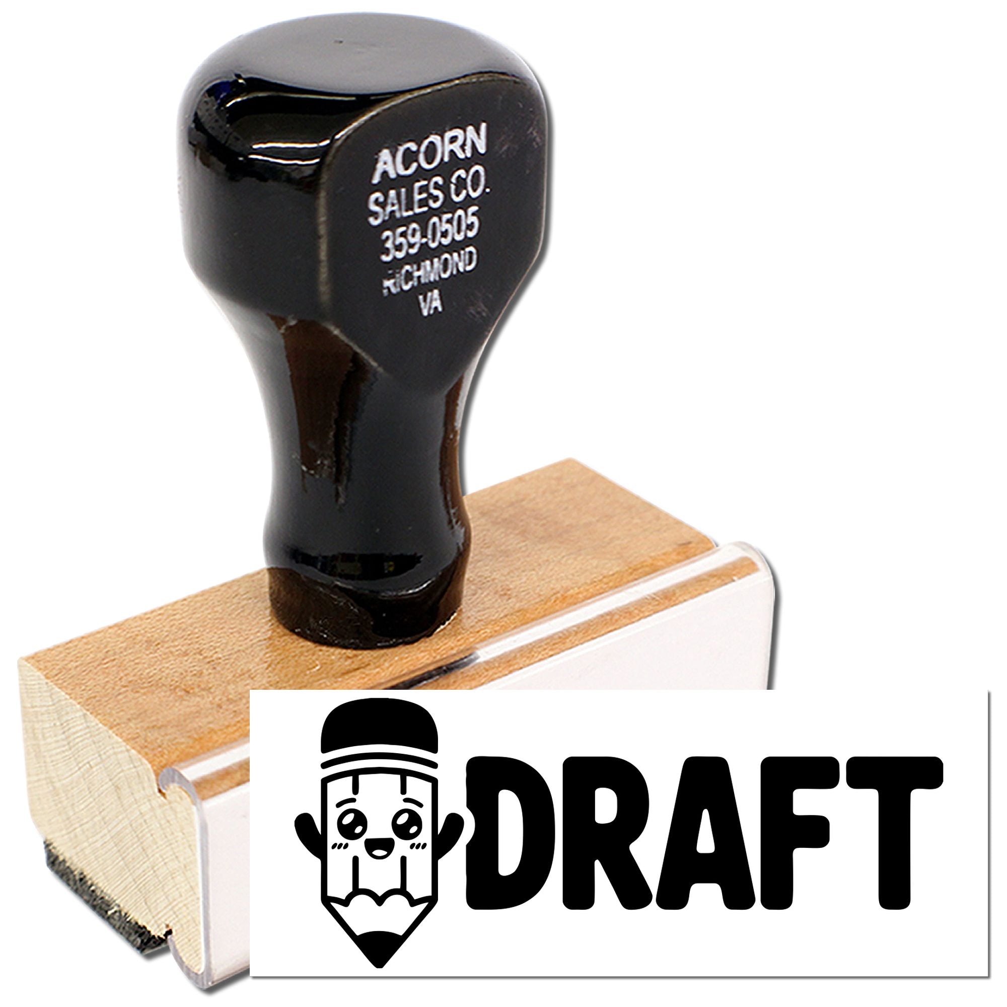 Custom DRAFT rubber stamp with pencil icon on wooden mount for marking documents as draft.