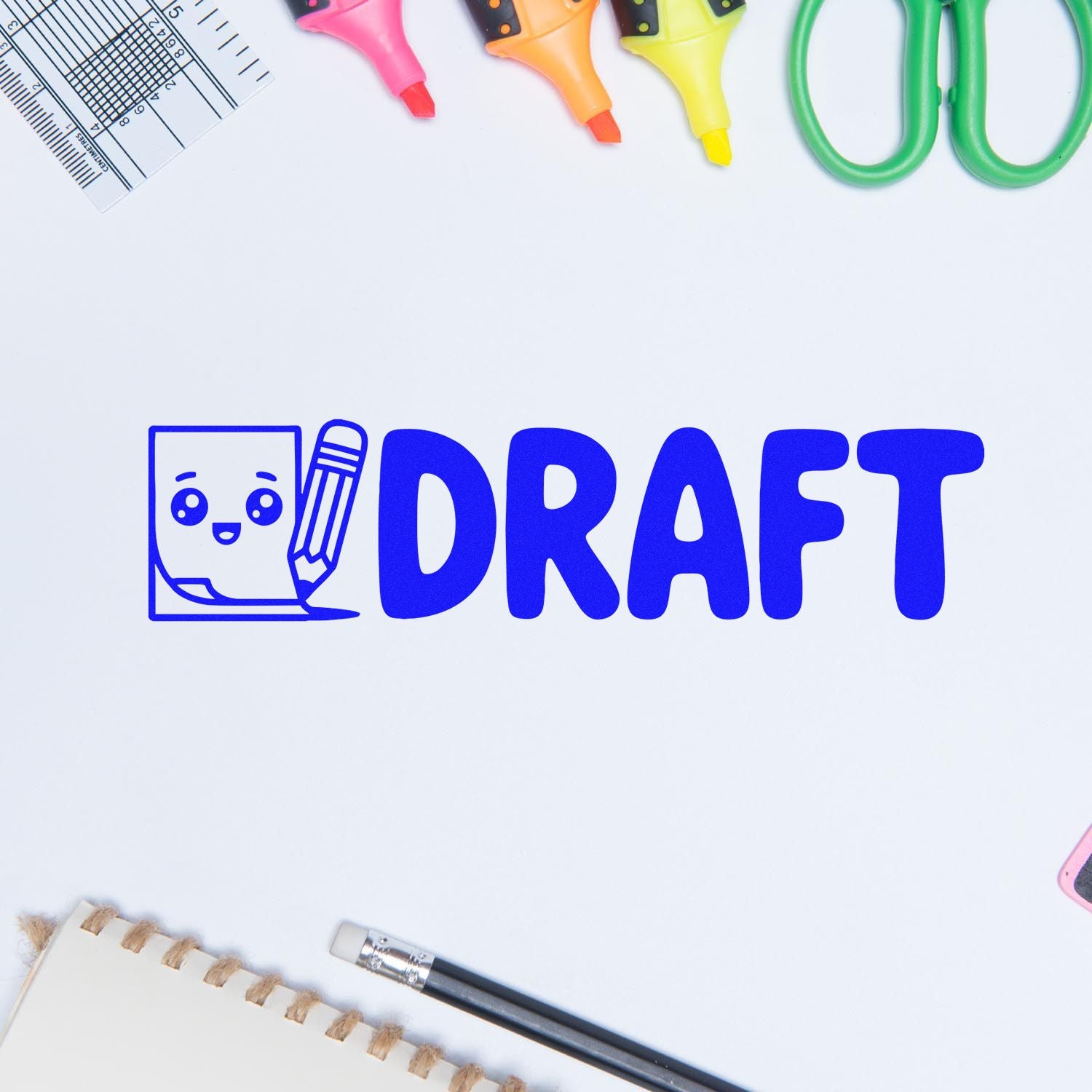 Draft rubber stamp design with cute paper and pencil icon, shown on a stationery background with markers, scissors, and pencil.
