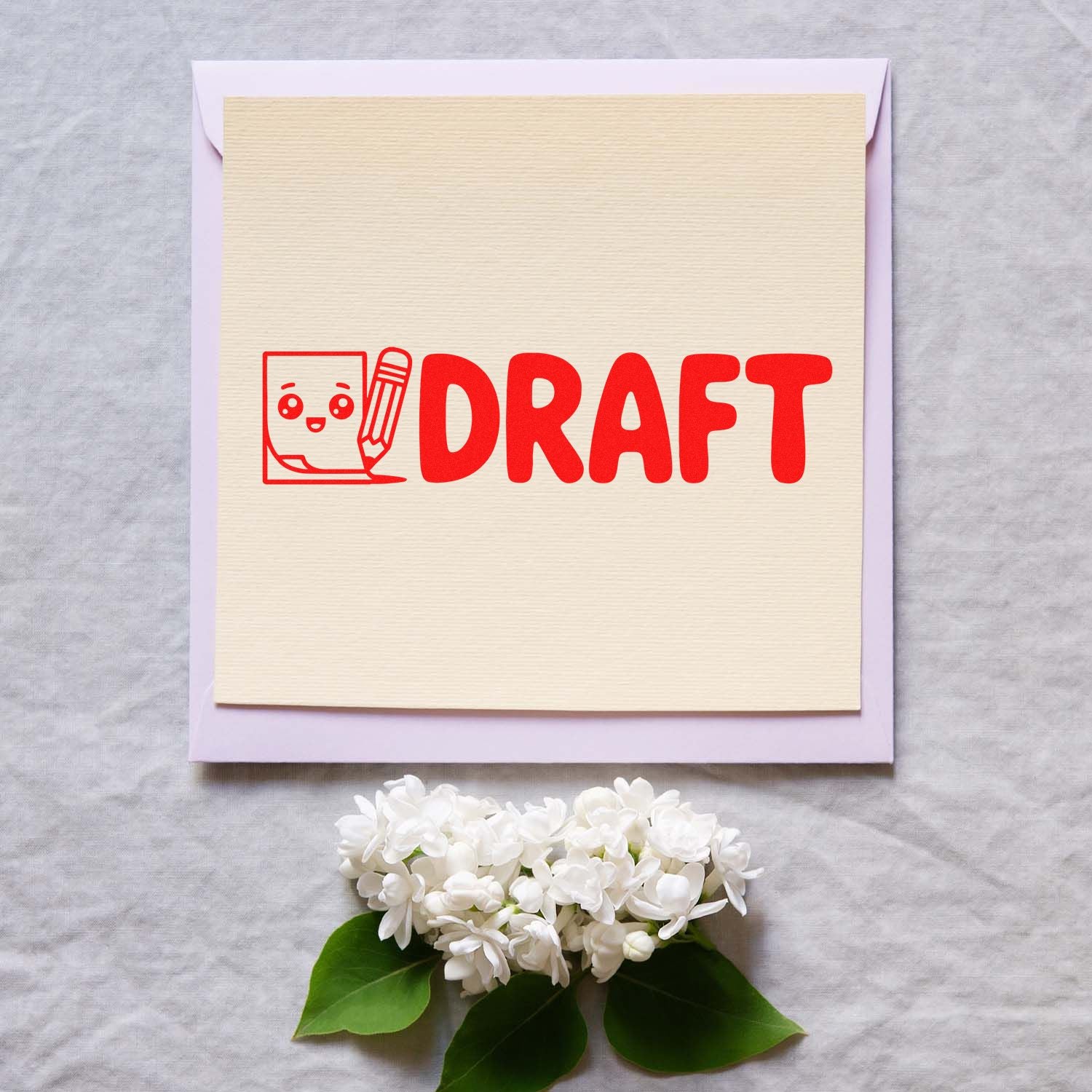 Custom draft rubber stamp design with cute paper and pencil icon for office review, approval, and stationery use.