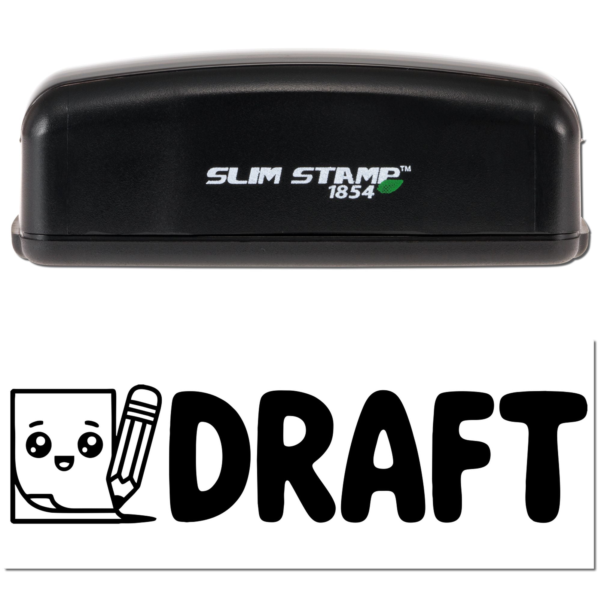Black Slim Stamp 1854 draft rubber stamp with pencil icon, ideal for marking drafts in office or stationery use.