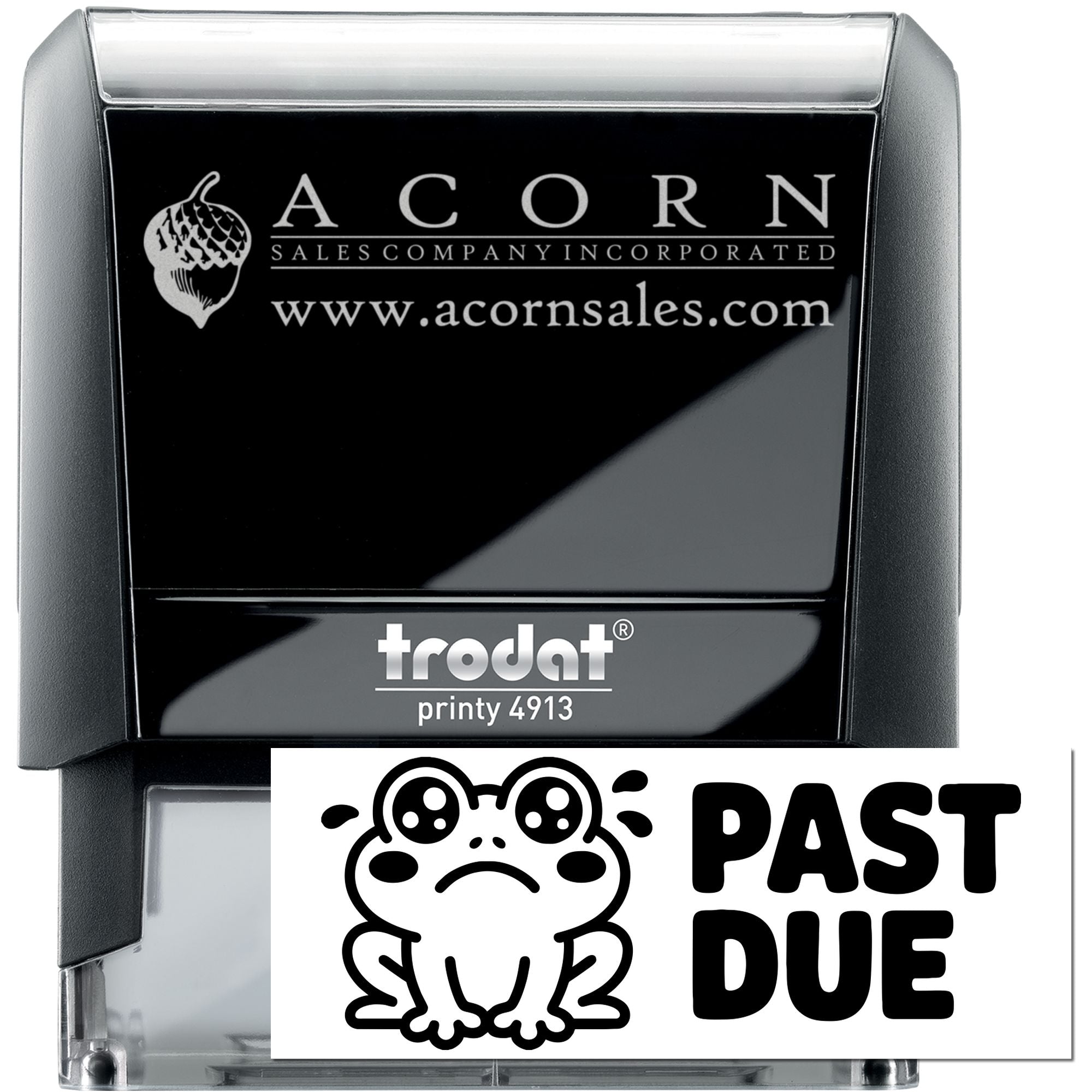 Custom self-inking rubber stamp with PAST DUE frog design, ideal for office billing and overdue invoice notices.