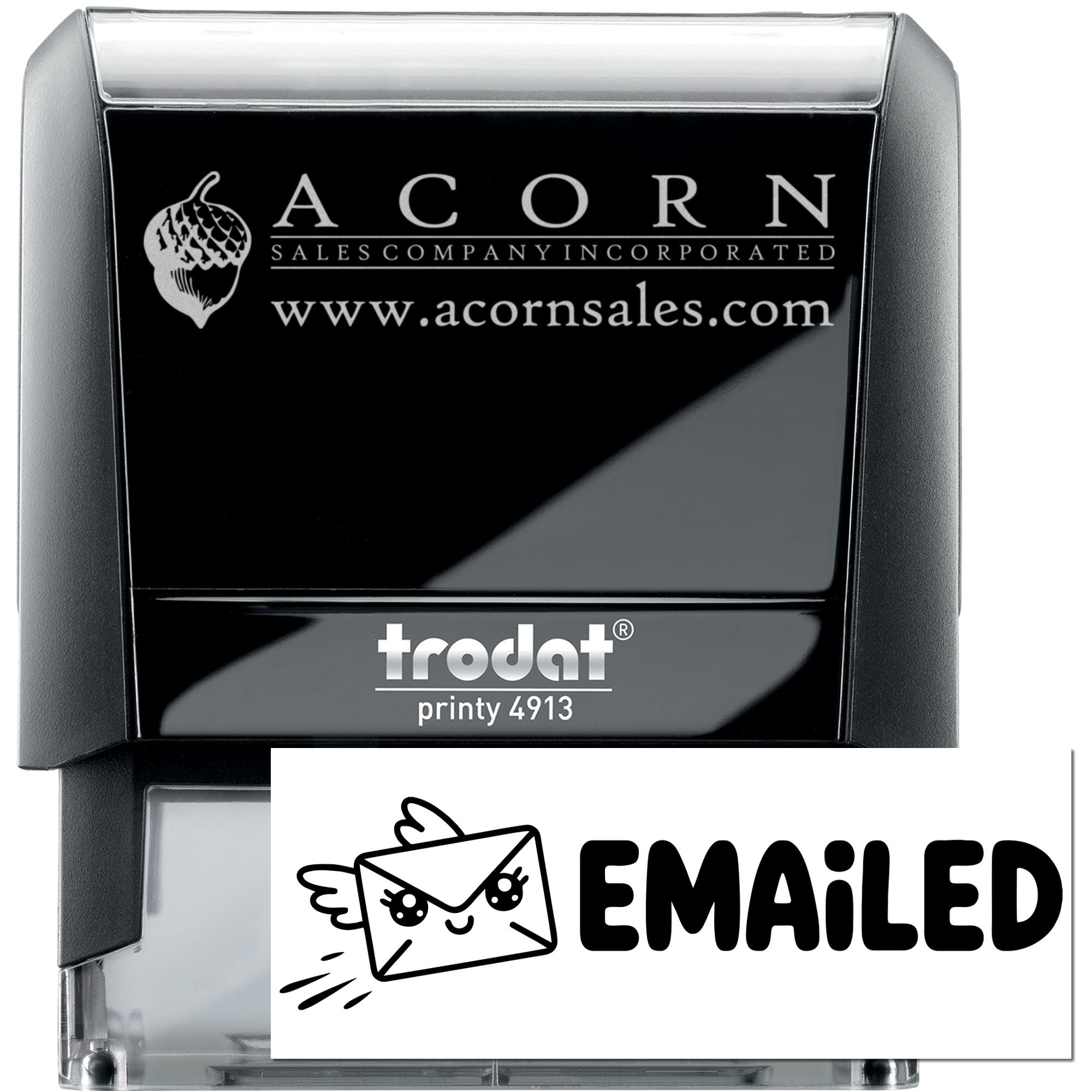 Custom Trodat Printy 4913 self-inking rubber stamp for Acorn Sales Company Inc. with logo, website and Emailed design.