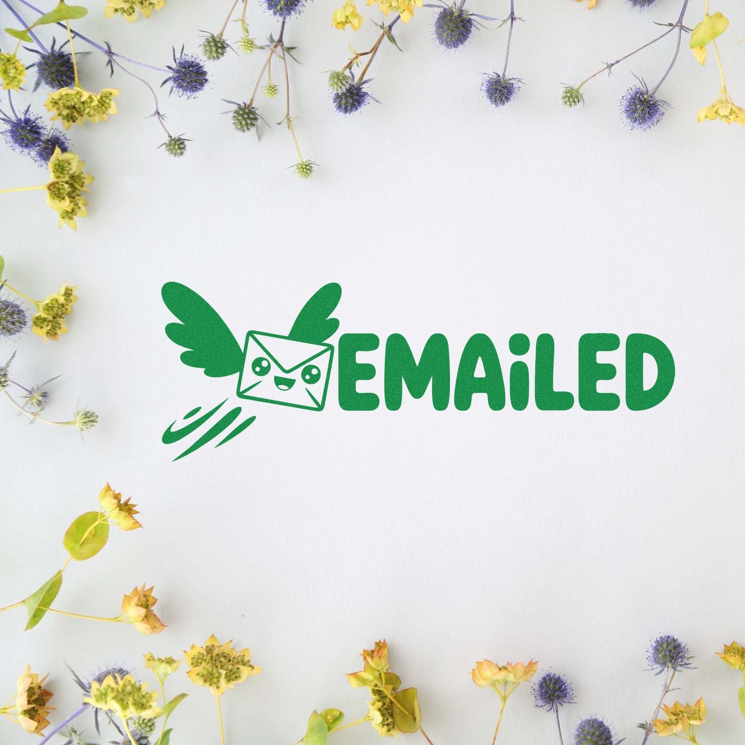 Emailed rubber stamp design with flying envelope icon, ideal for marking sent emails and office mail