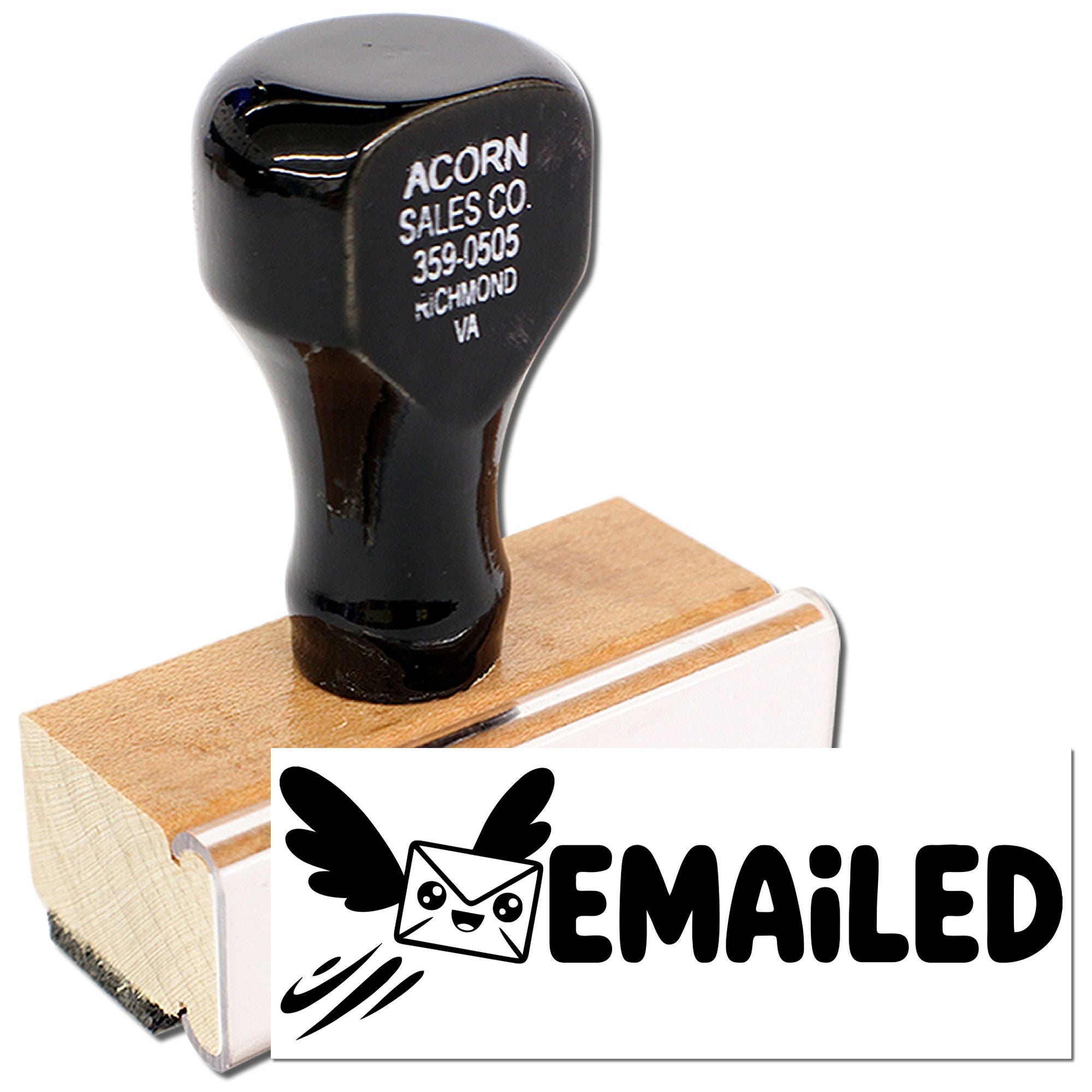 Custom wood handle rubber stamp with EMAILED icon for marking office mail, documents, and customer records.