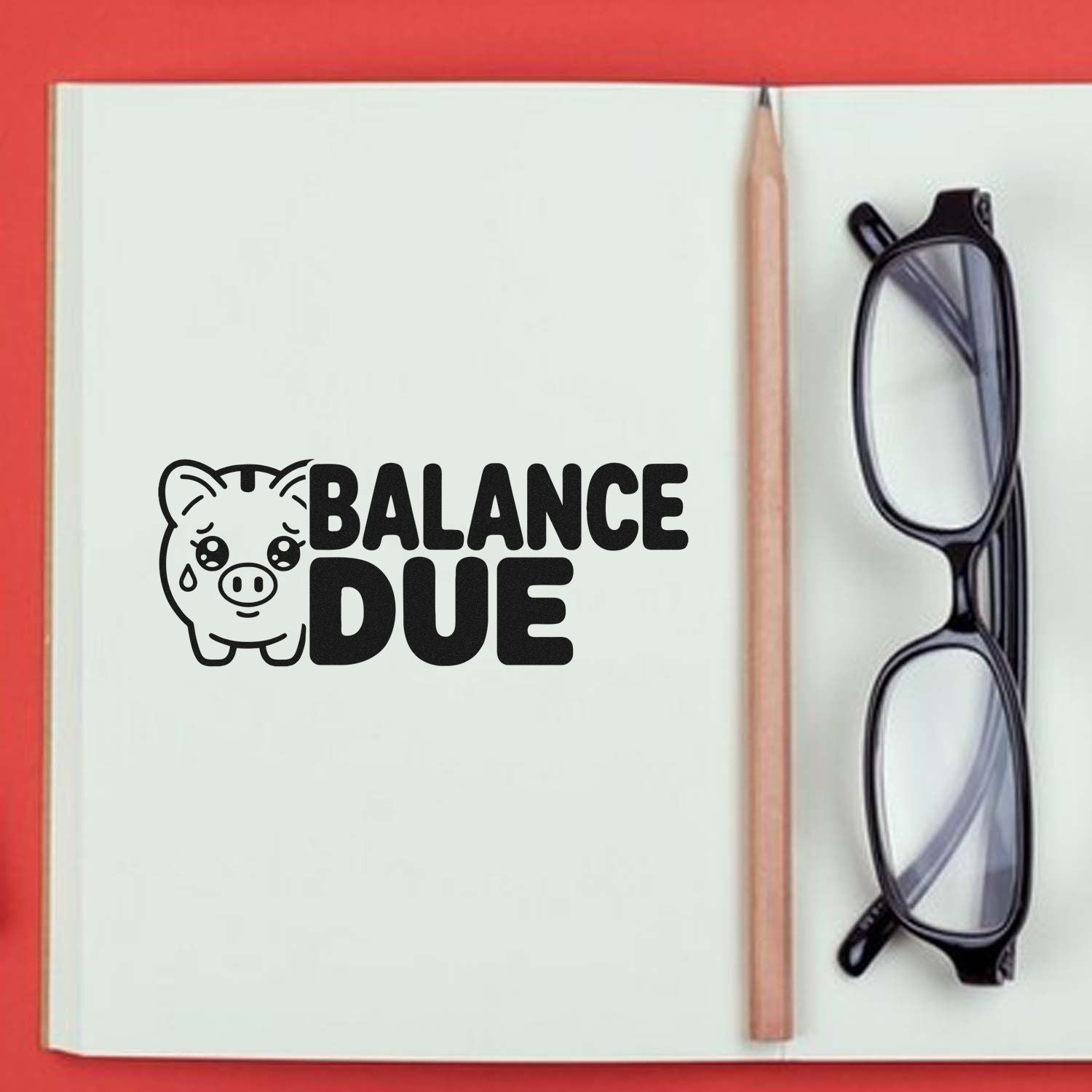 Balance Due rubber stamp design with pig icon, ideal for accounting, invoicing, and billing reminder notes.