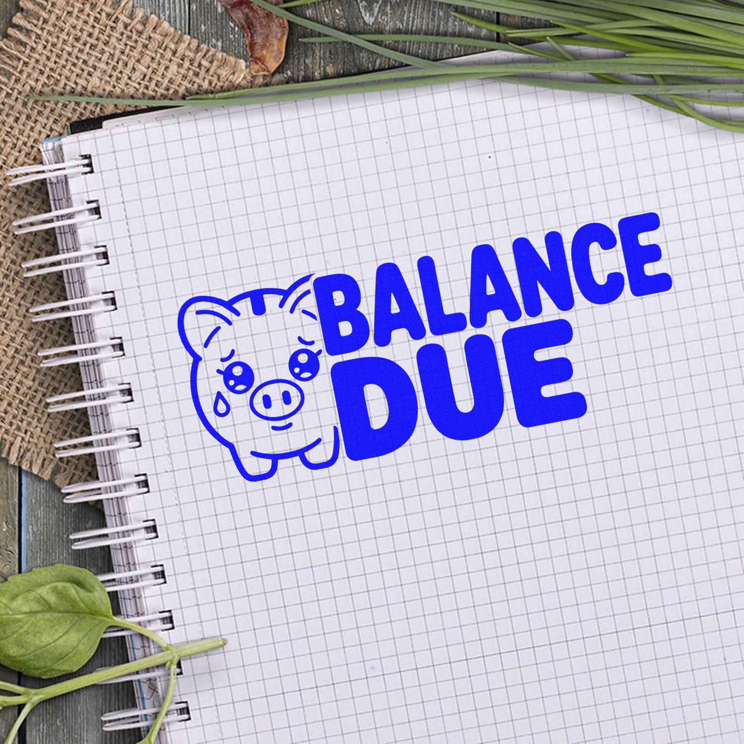 Blue Balance Due rubber stamp with piggy bank icon for invoices, accounting, and payment reminder marking.