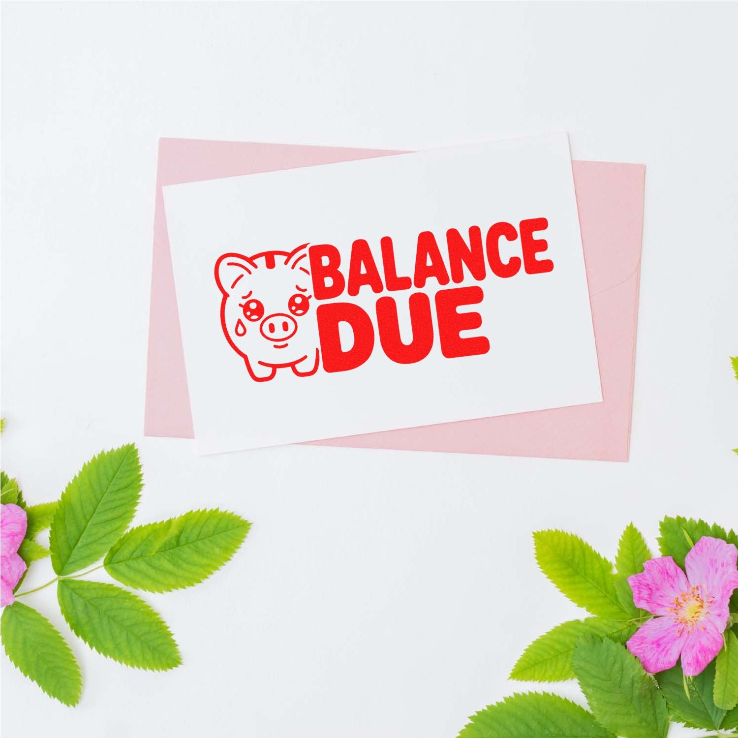 Balance Due rubber stamp design with pig icon, ideal for invoice payment reminders and business mail.
