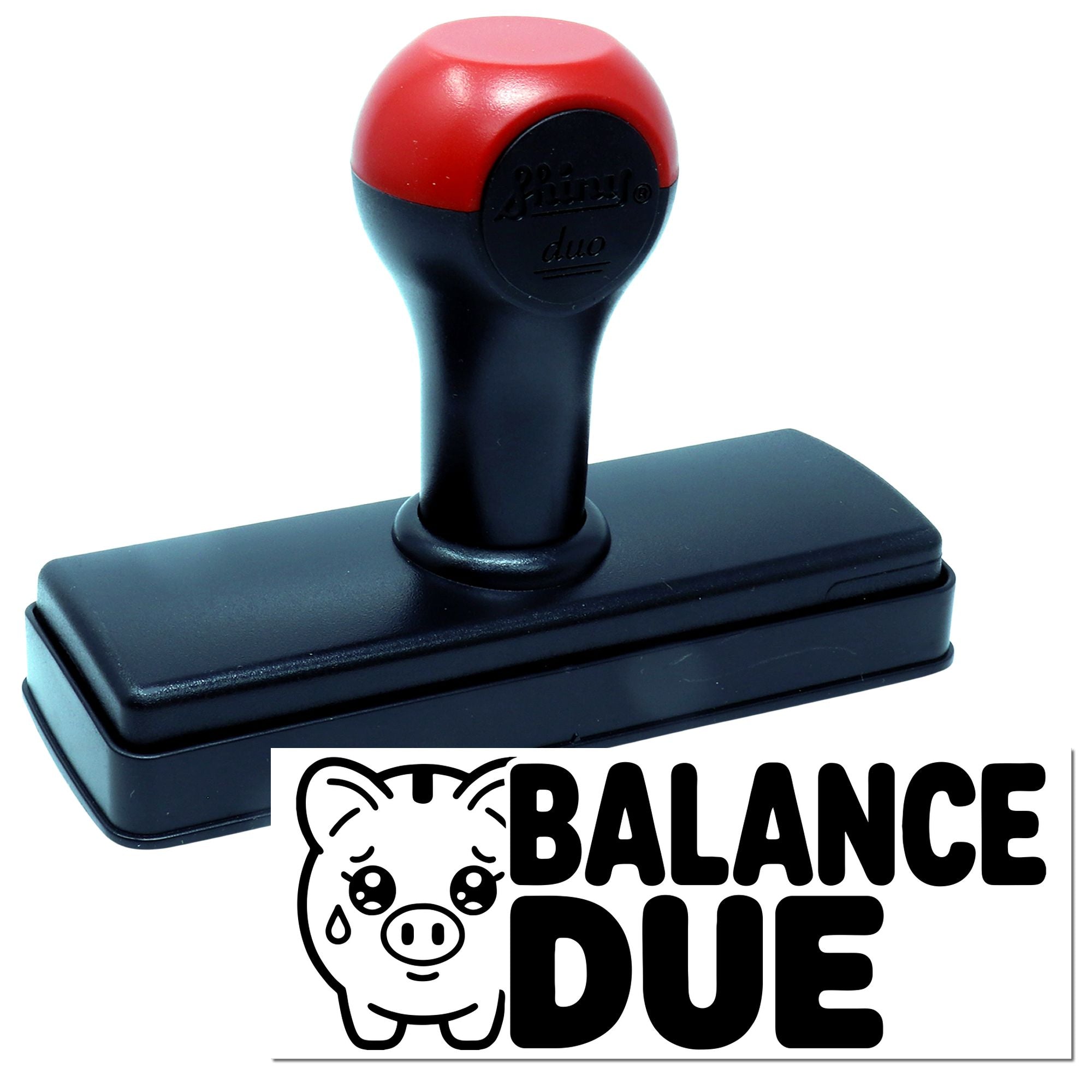 Self-inking Balance Due rubber stamp with pig icon for office billing, invoicing, and payment reminder notices.