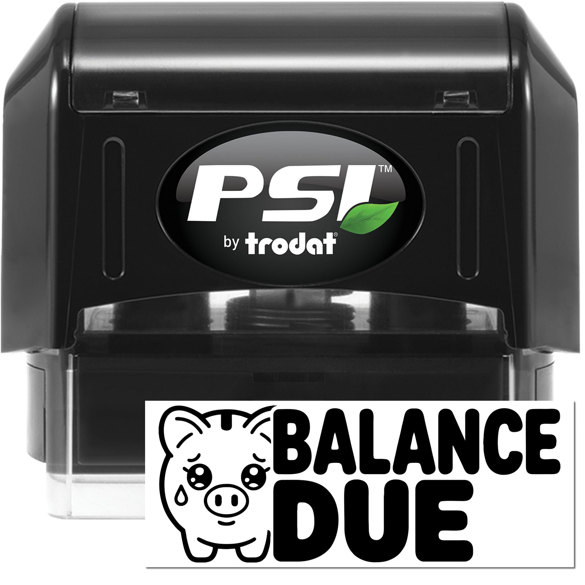 PSI by Trodat self-inking rubber stamp with Balance Due imprint for marking unpaid invoices and past-due accounts.