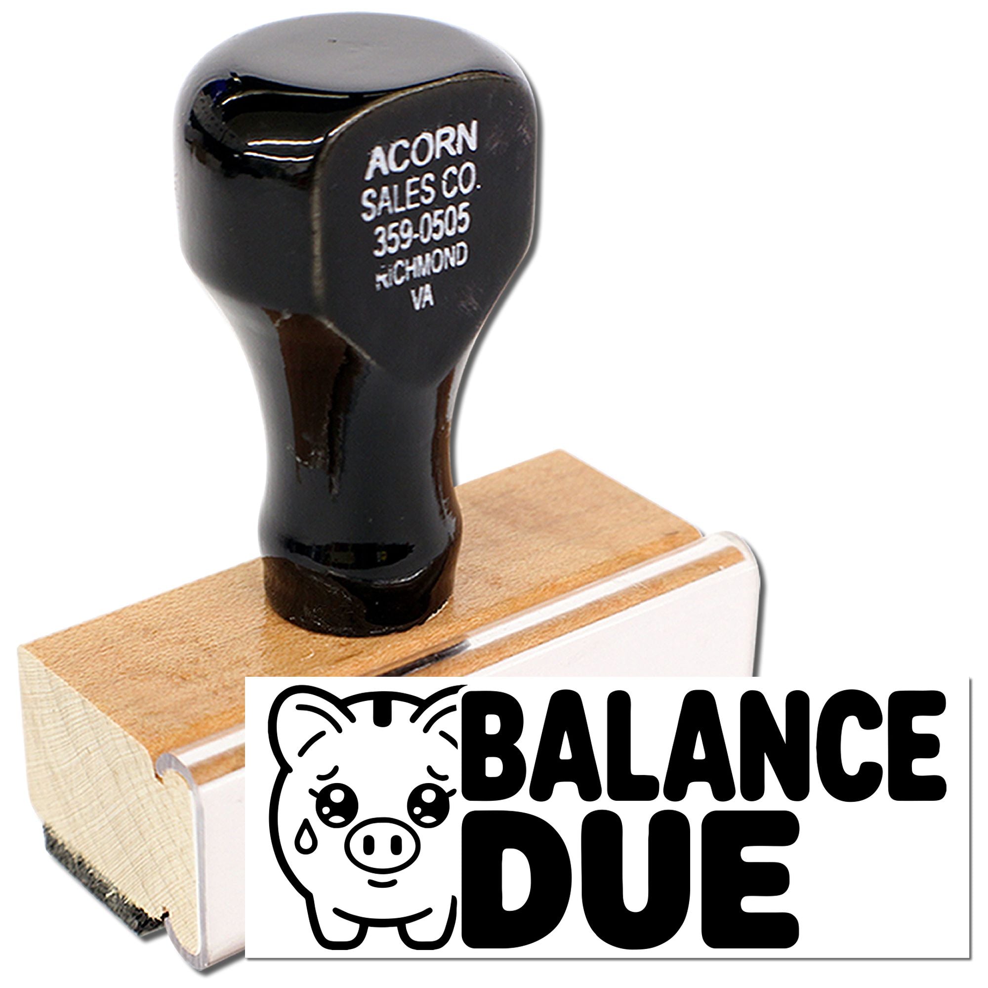 Balance Due rubber stamp with pig icon, used for marking invoices and accounting documents.