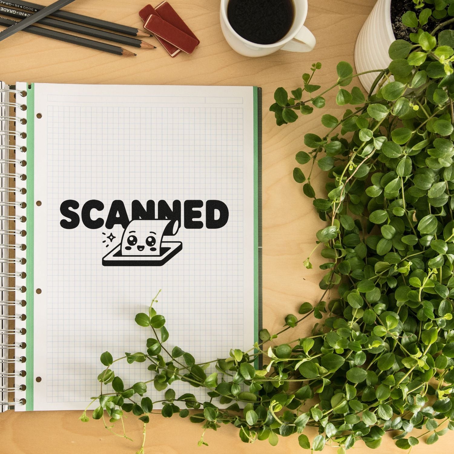 SCANNED rubber stamp design on graph notebook, perfect for planner, office, and craft organization.