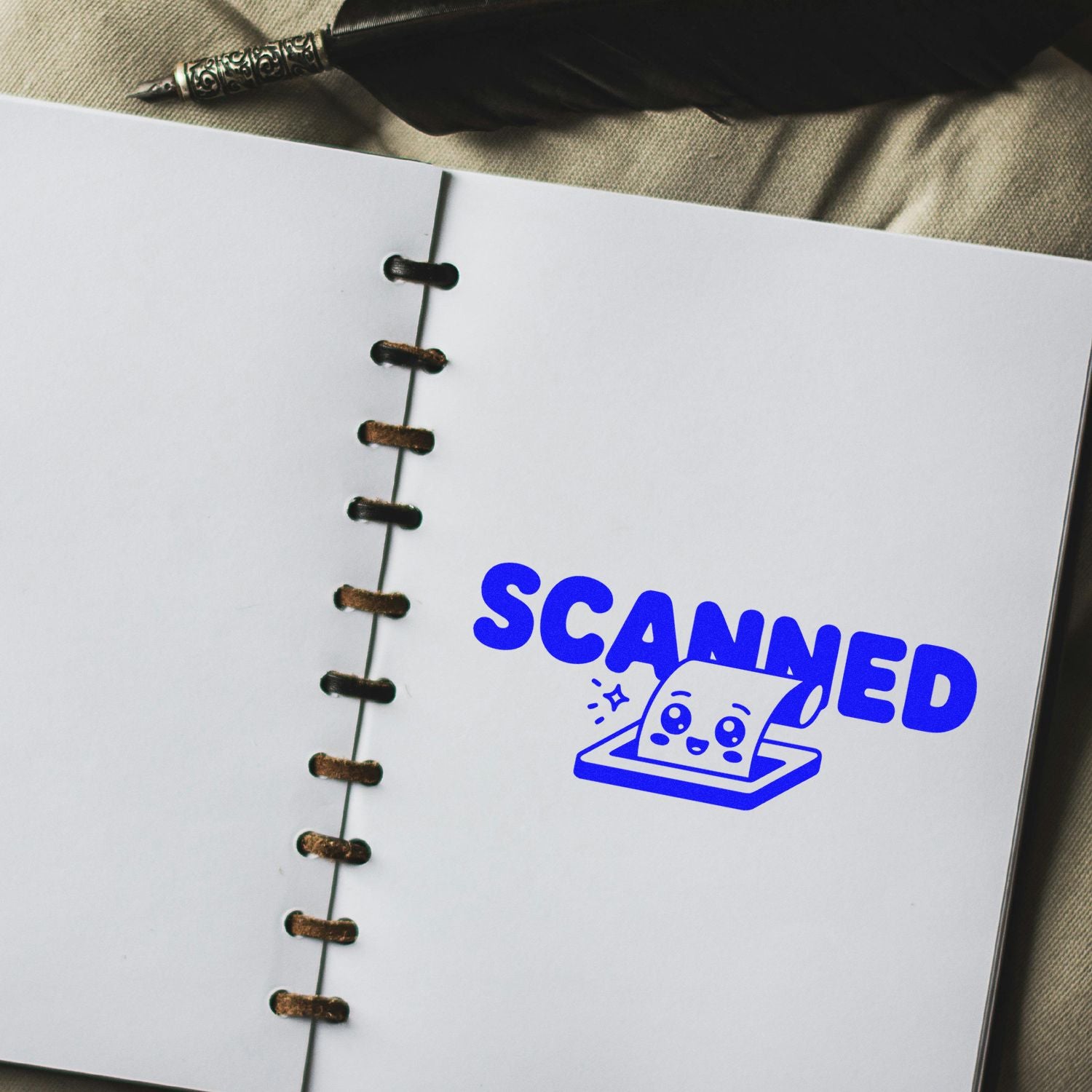 Blue scanned rubber stamp on a notebook page, perfect for office documents, branding, and approval marks.