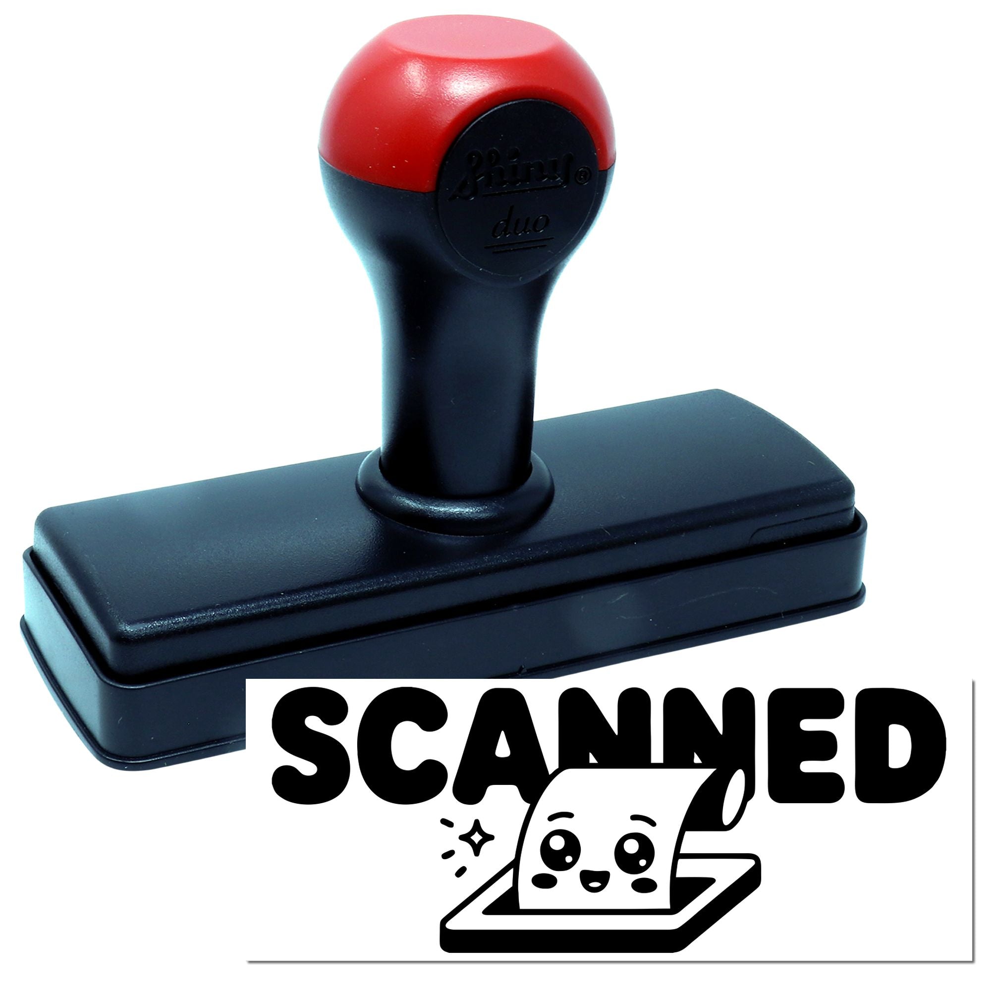 Self-inking SCANNED rubber stamp for office document processing and file labeling.