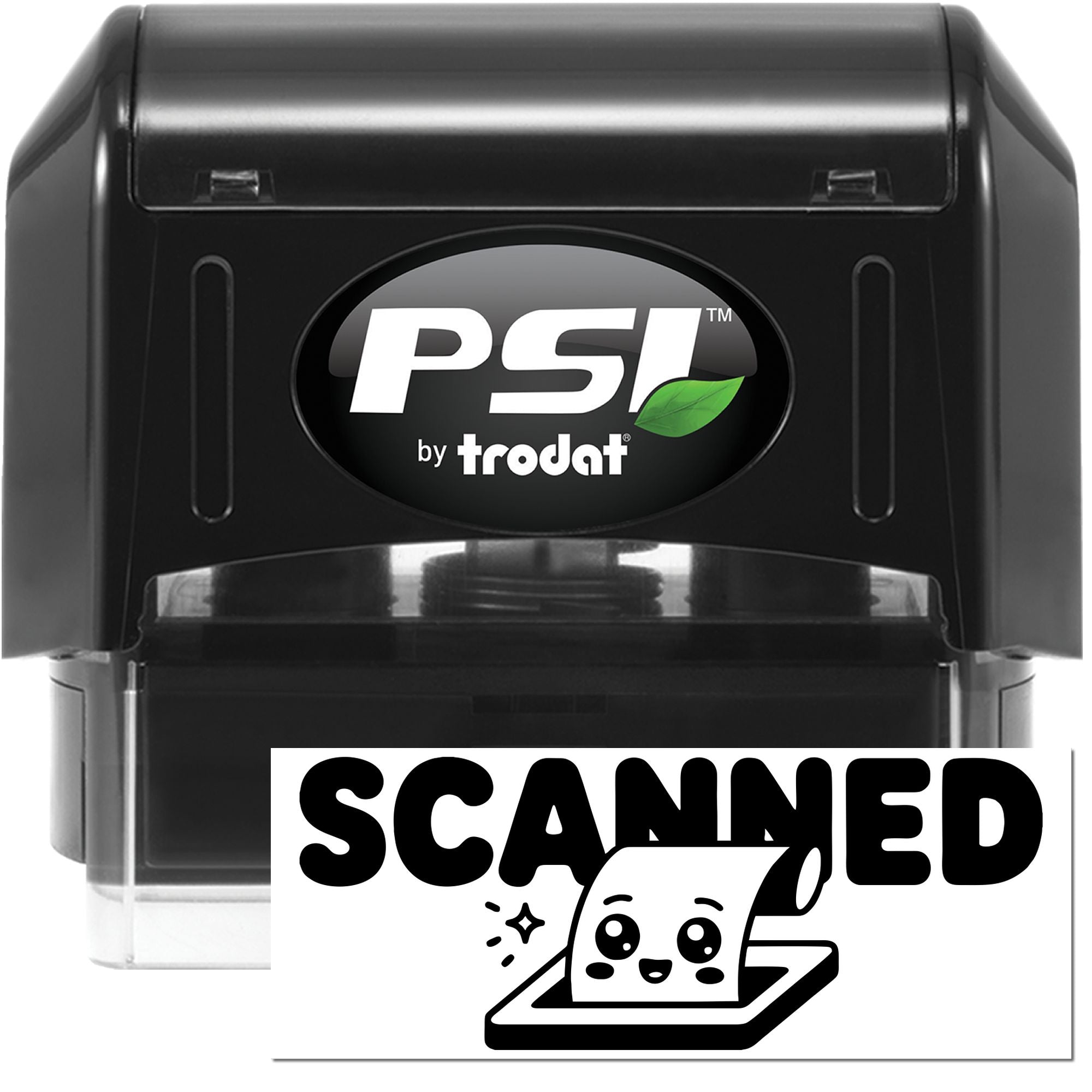 PSI by Trodat self-inking rubber stamp with Scanned design for office document tracking, filing, and mail processing.