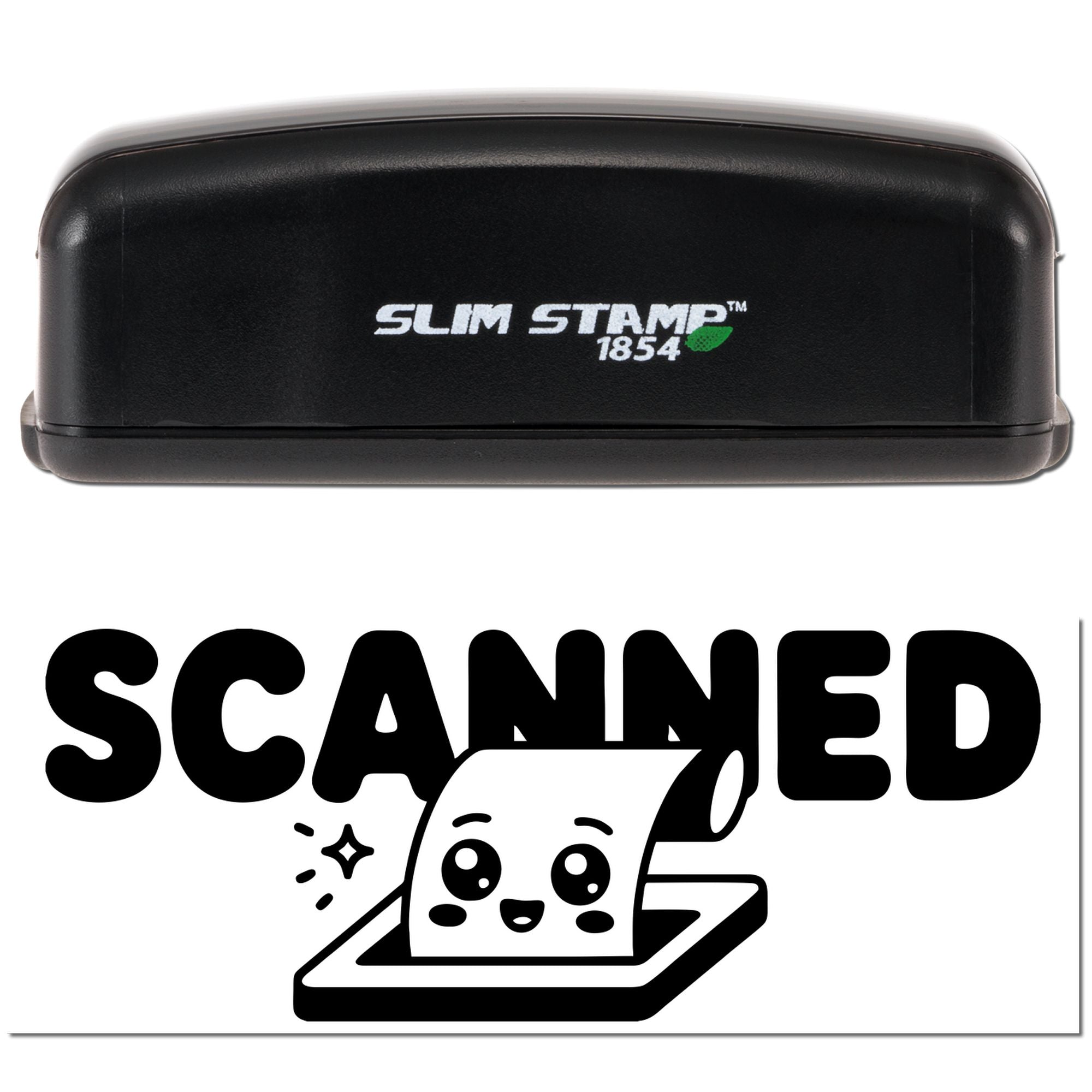 Slim Stamp 1854 self-inking rubber stamp with SCANNED imprint and scanner icon for office document marking.