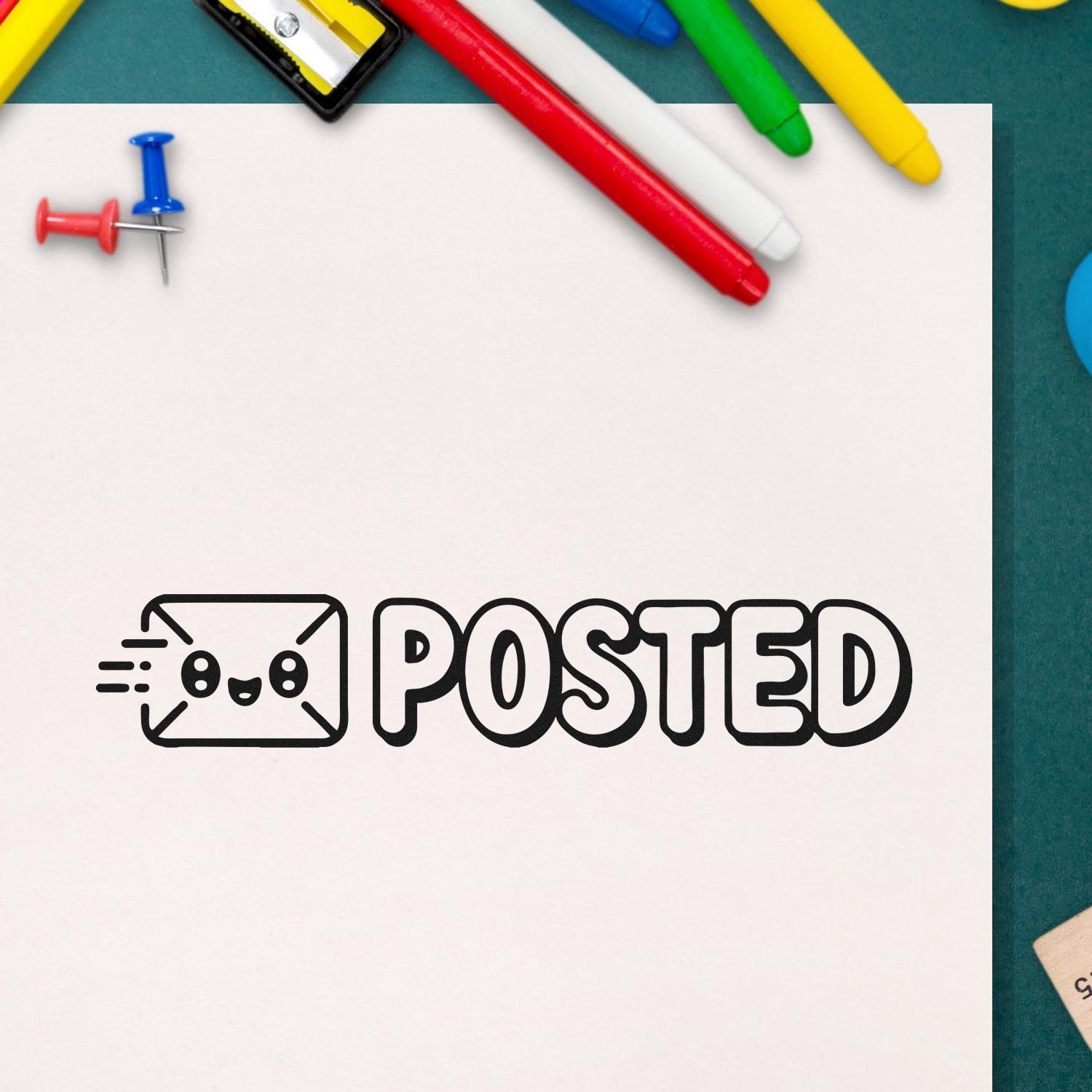 Posted rubber stamp design with envelope icon for office mail, document approval, and sorting.