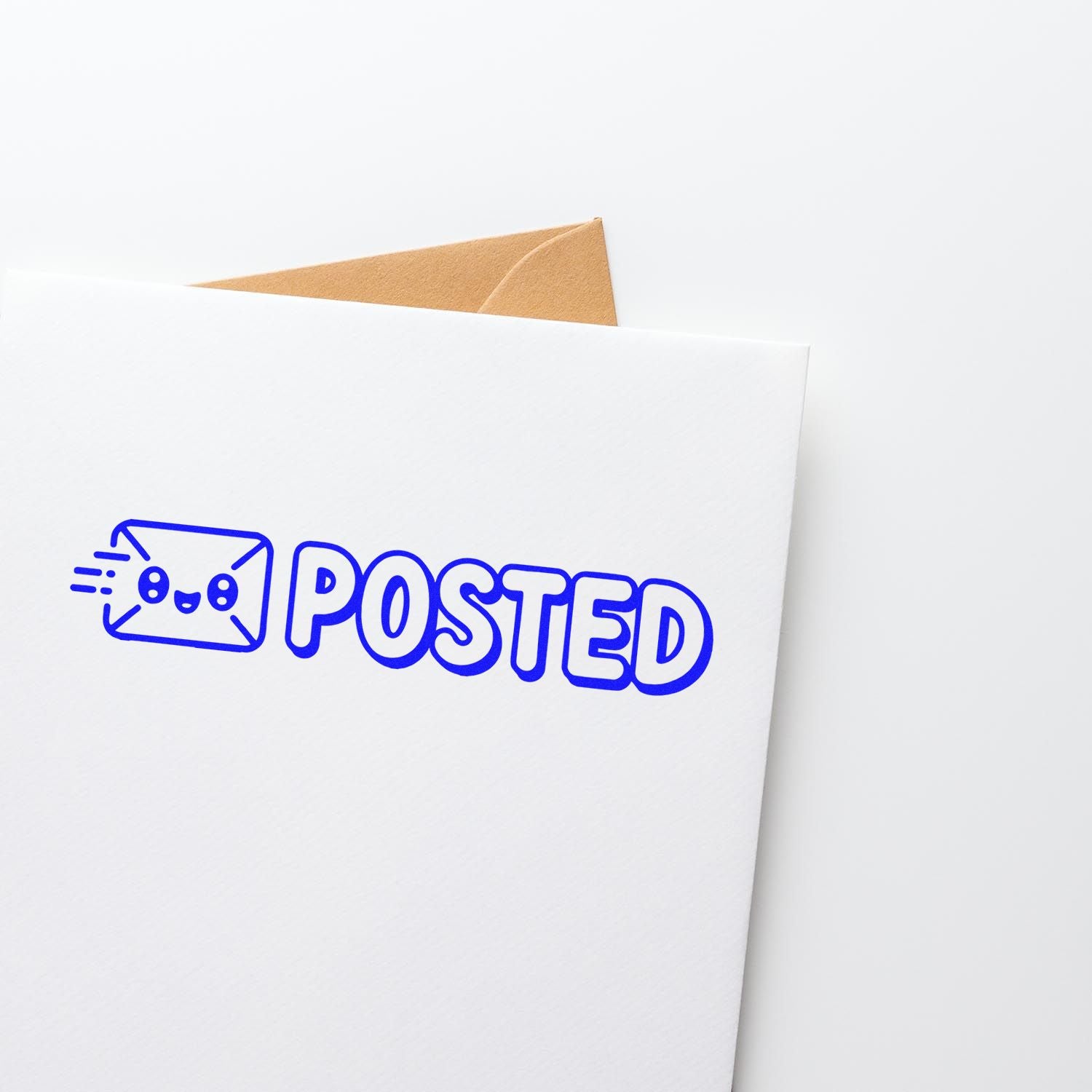 Blue POSTED rubber stamp on white envelope, featuring a cute mail icon for custom mailing, stationery, and packaging.