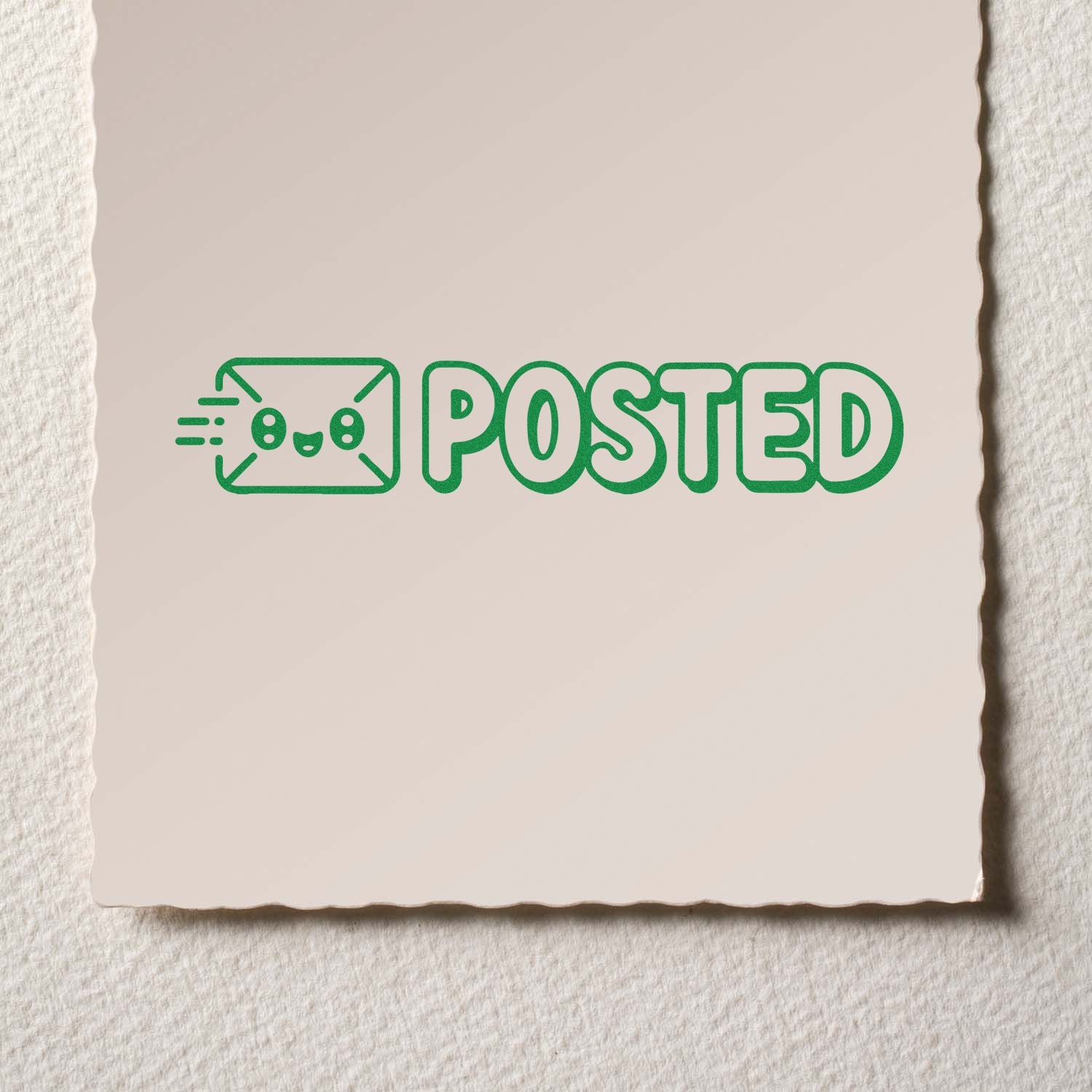 Green Posted rubber stamp design with smiling envelope icon for mail and office use.