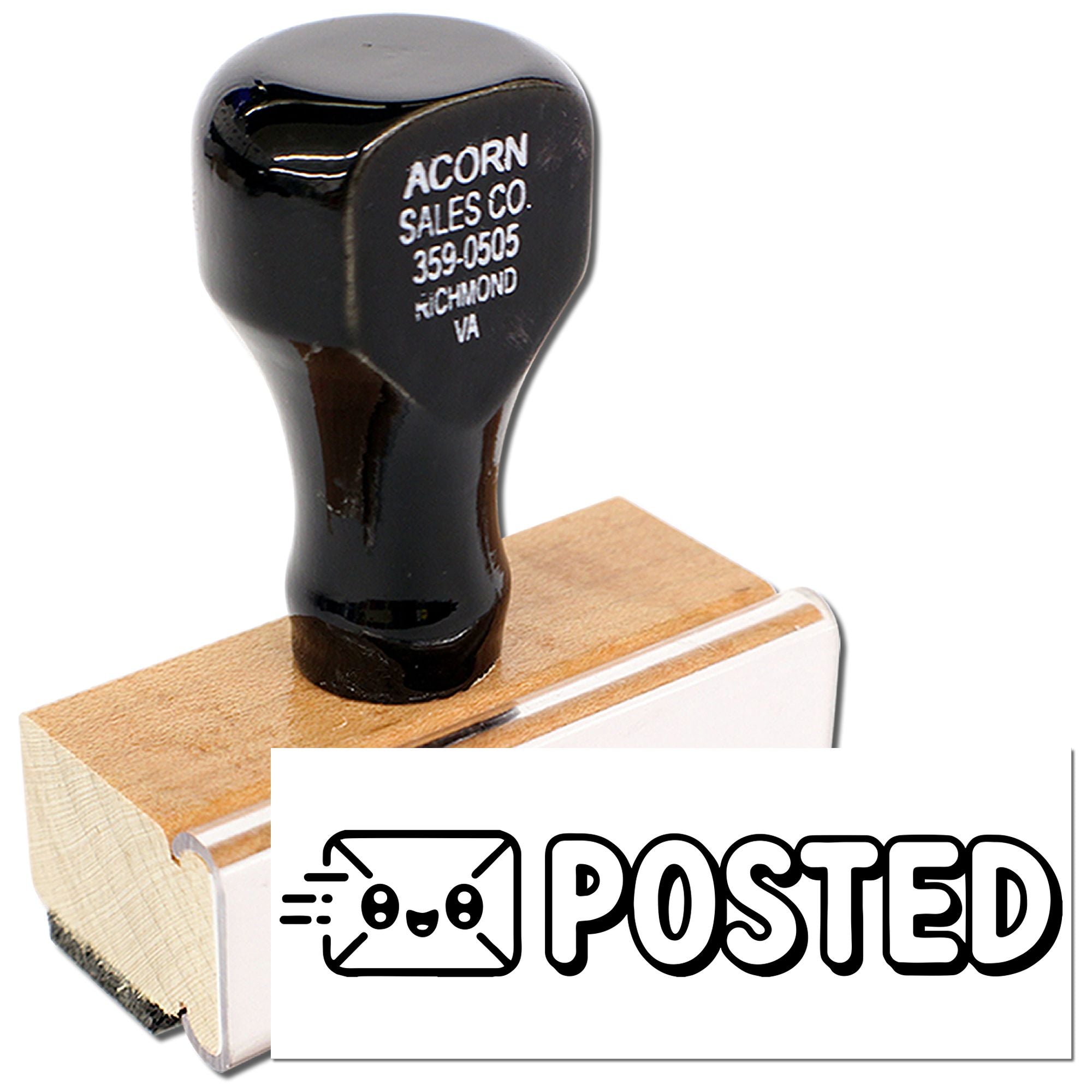 Wooden rubber stamp with POSTED design for marking mail, envelopes, and office documents.