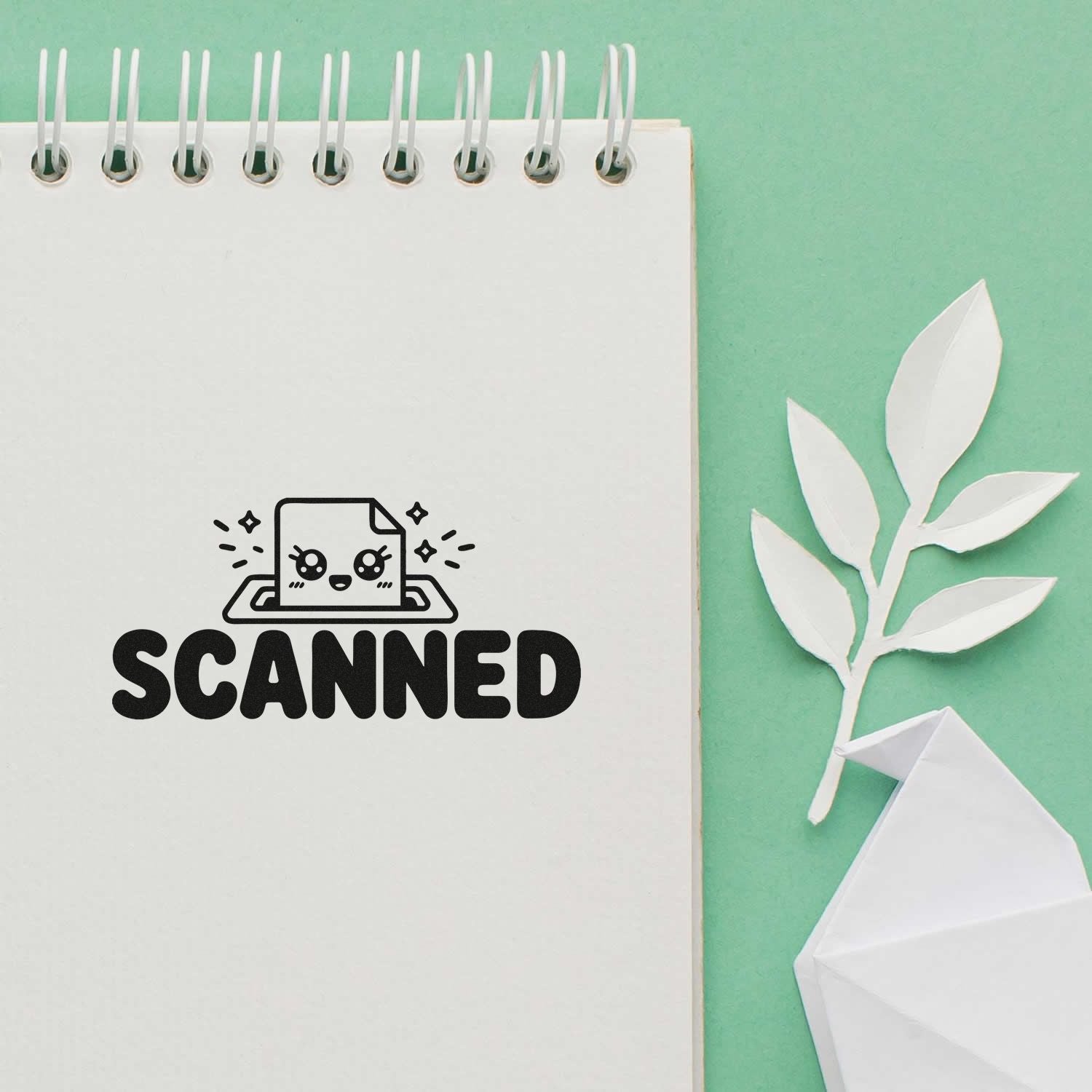 Scanned rubber stamp design with cute scanner icon for document tracking, office organization, and file processing.