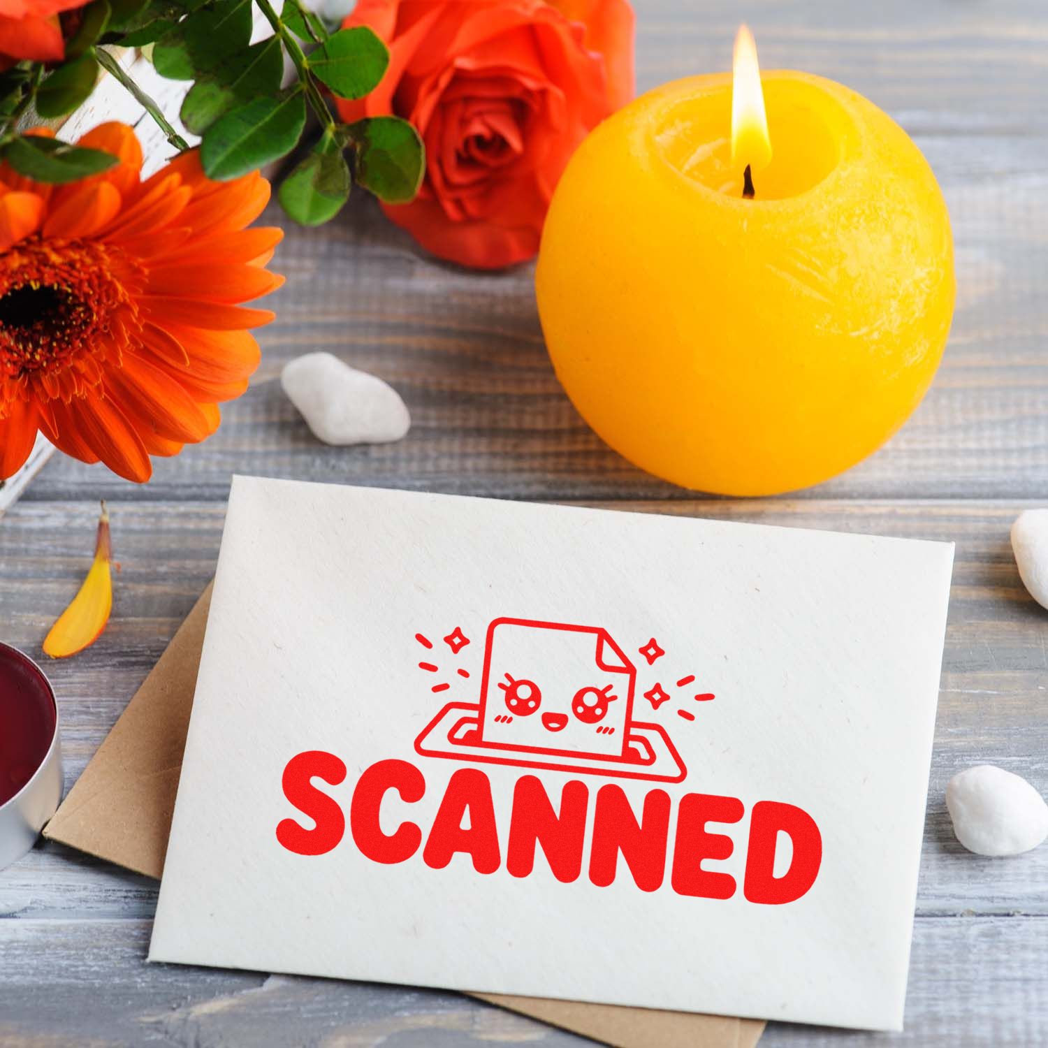 Red SCANNED rubber stamp on paper card with flowers and candle, ideal for office document processing.