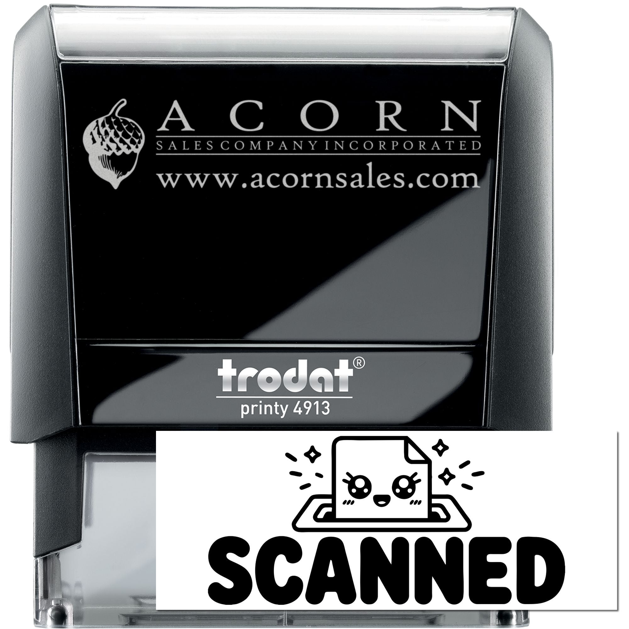 Custom self-inking rubber stamp with Acorn Sales Company logo and website, Trodat Printy 4913 business stamp.