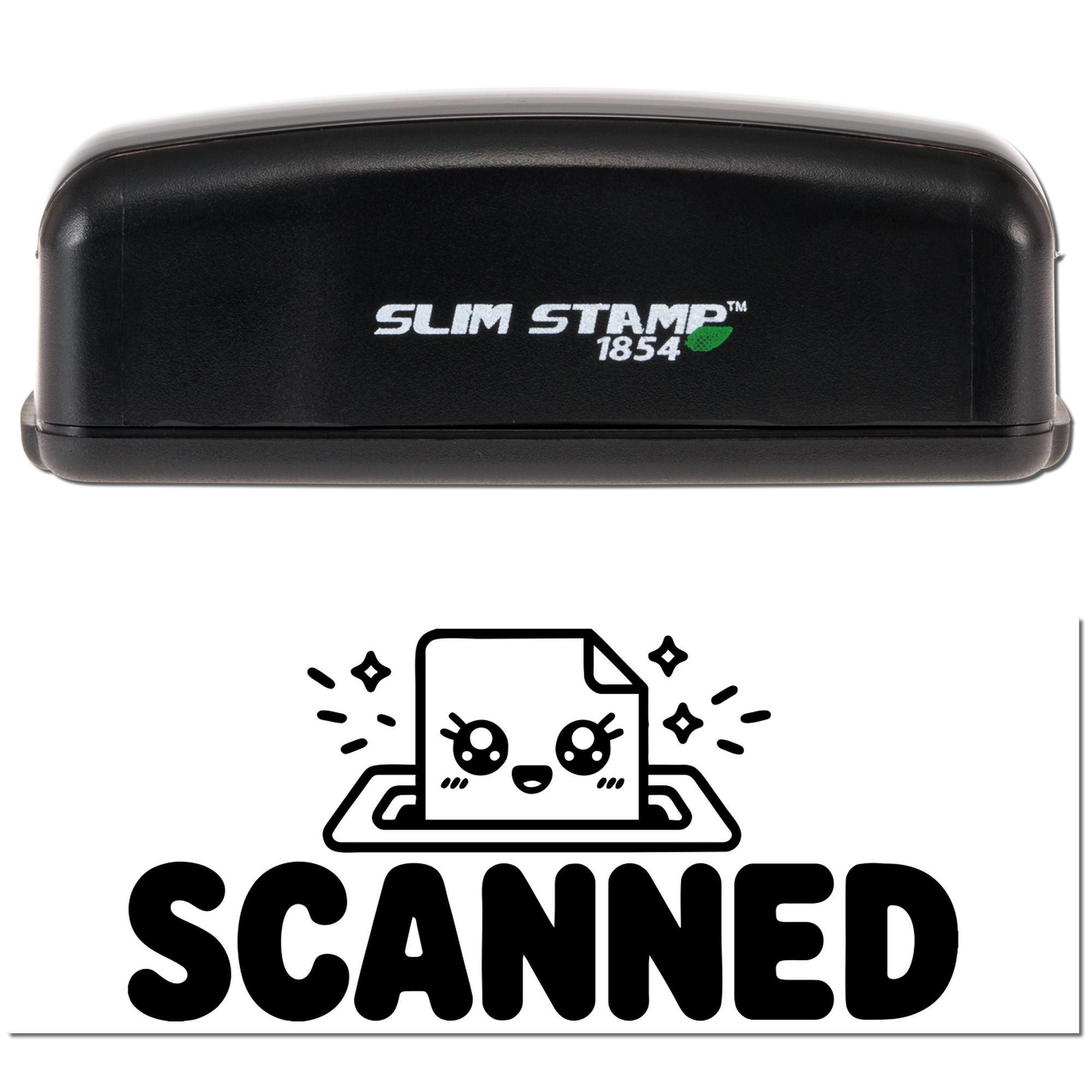 Slim Stamp 1854 rubber stamp with Scanned icon, perfect for office document processing and file marking.
