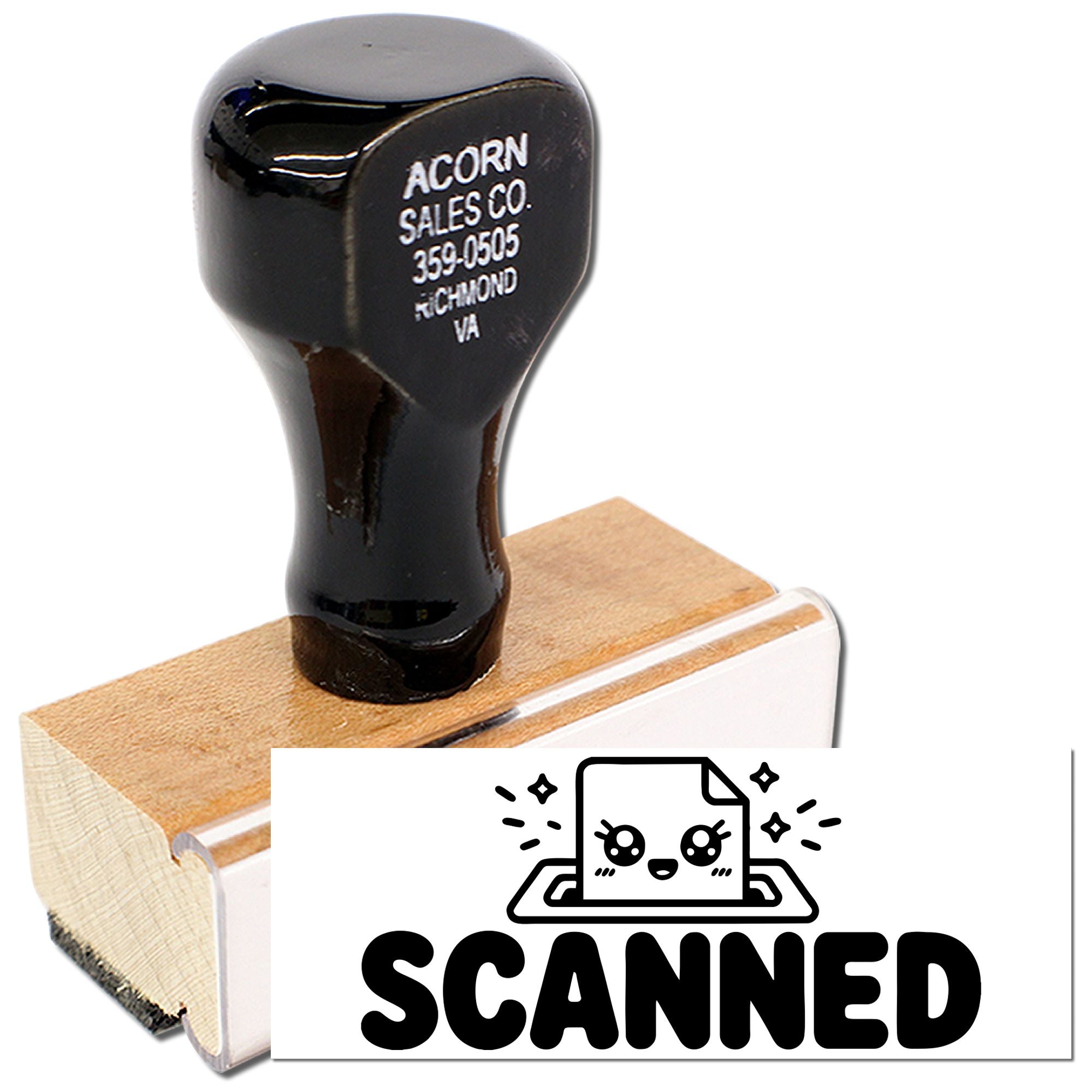 Custom rubber stamp marking documents as scanned, with wooden handle and bold SCANNED design.
