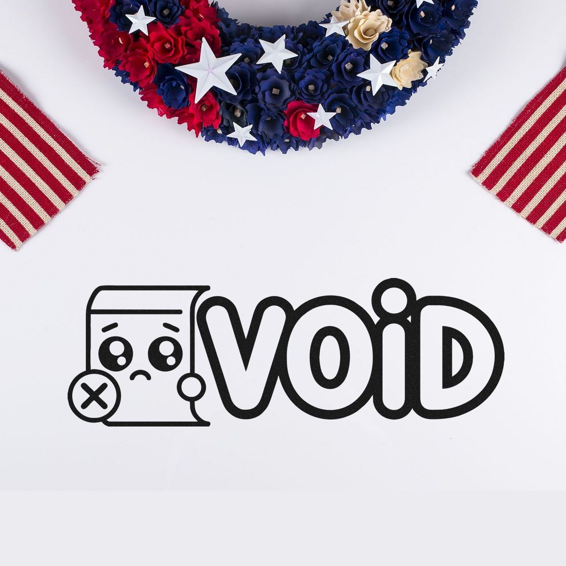Void rubber stamp design for marking invalid paperwork, with a sad document icon and patriotic red, white and blue craft accents.