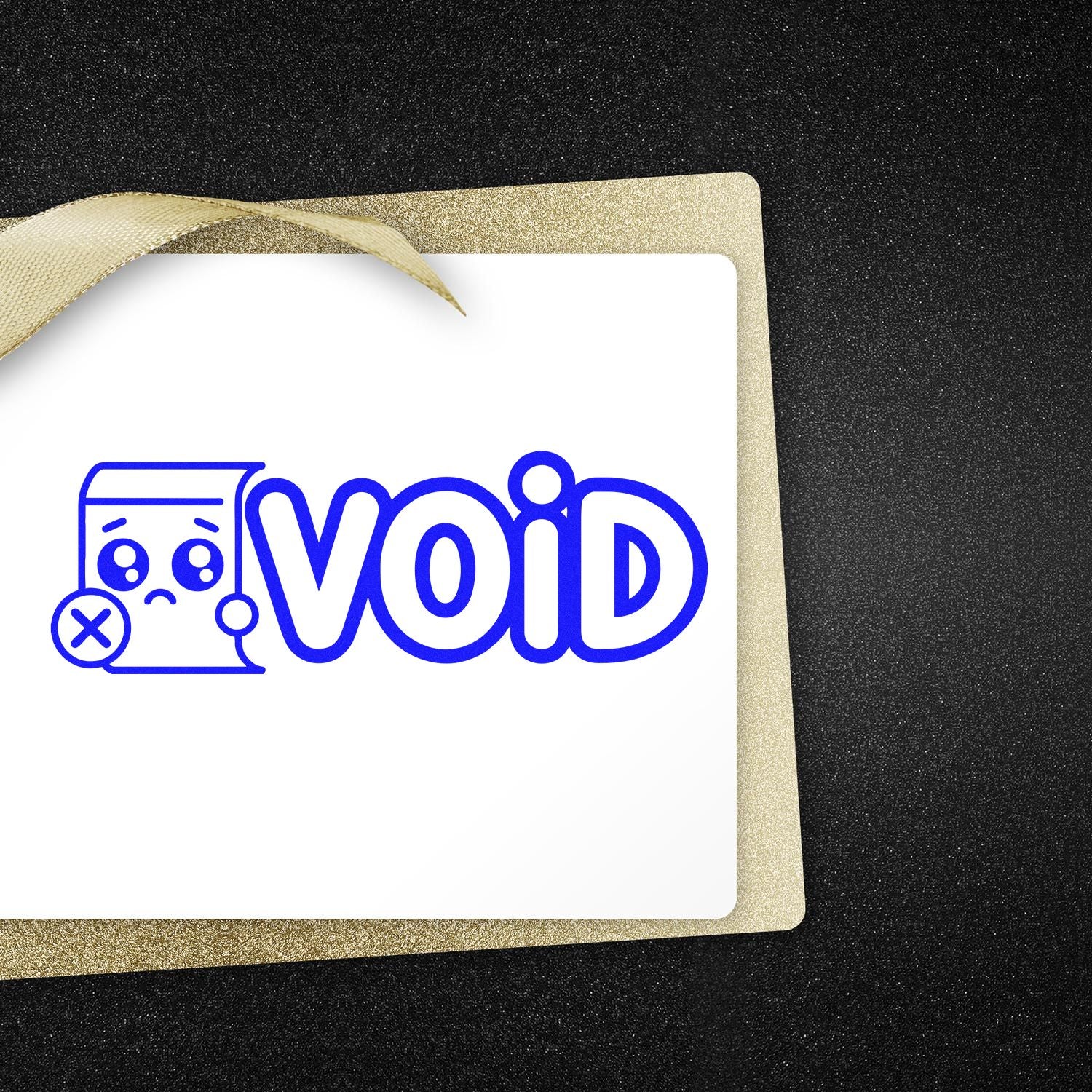 Blue VOID rubber stamp design with sad document icon for canceled paperwork or rejected forms.