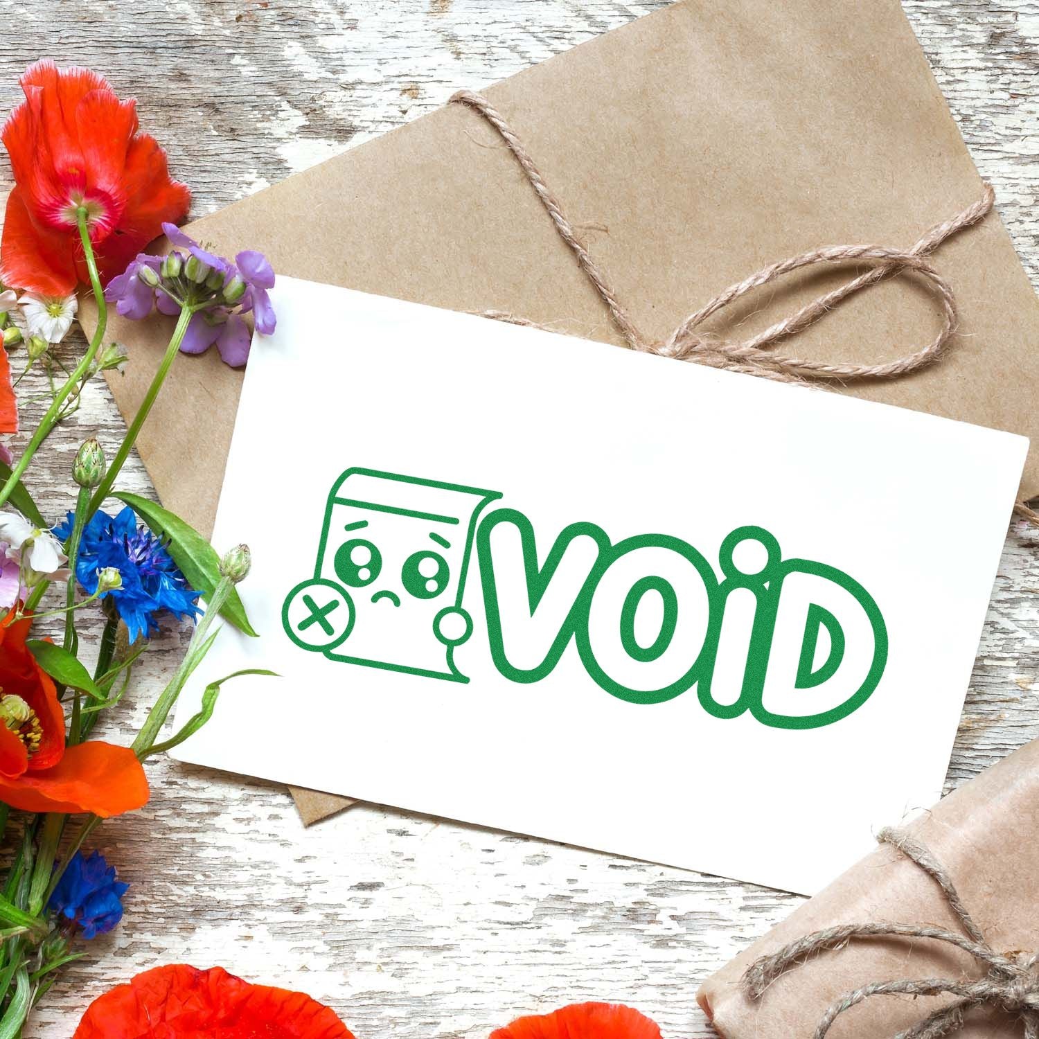 Void rubber stamp design on stationery with kraft envelopes and flowers, ideal for document and packaging marking.