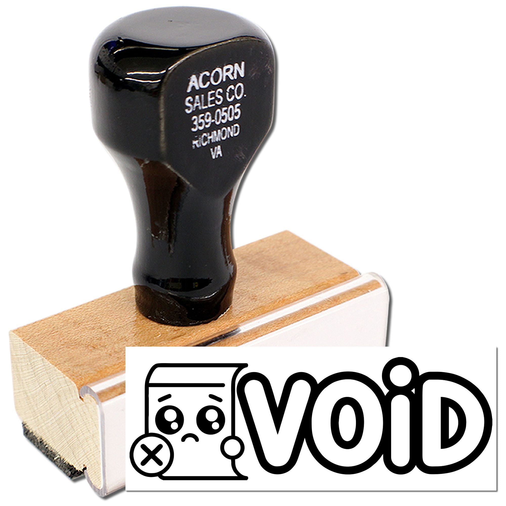 Custom VOID rubber stamp with sad face icon, wooden handle stamp for marking documents invalid.